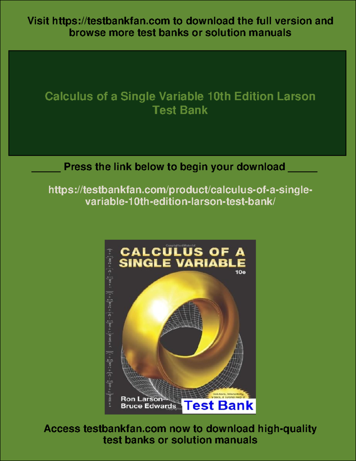 Calculus of a Single Variable 10th Ed. Larson Test Bank Access Guide ...