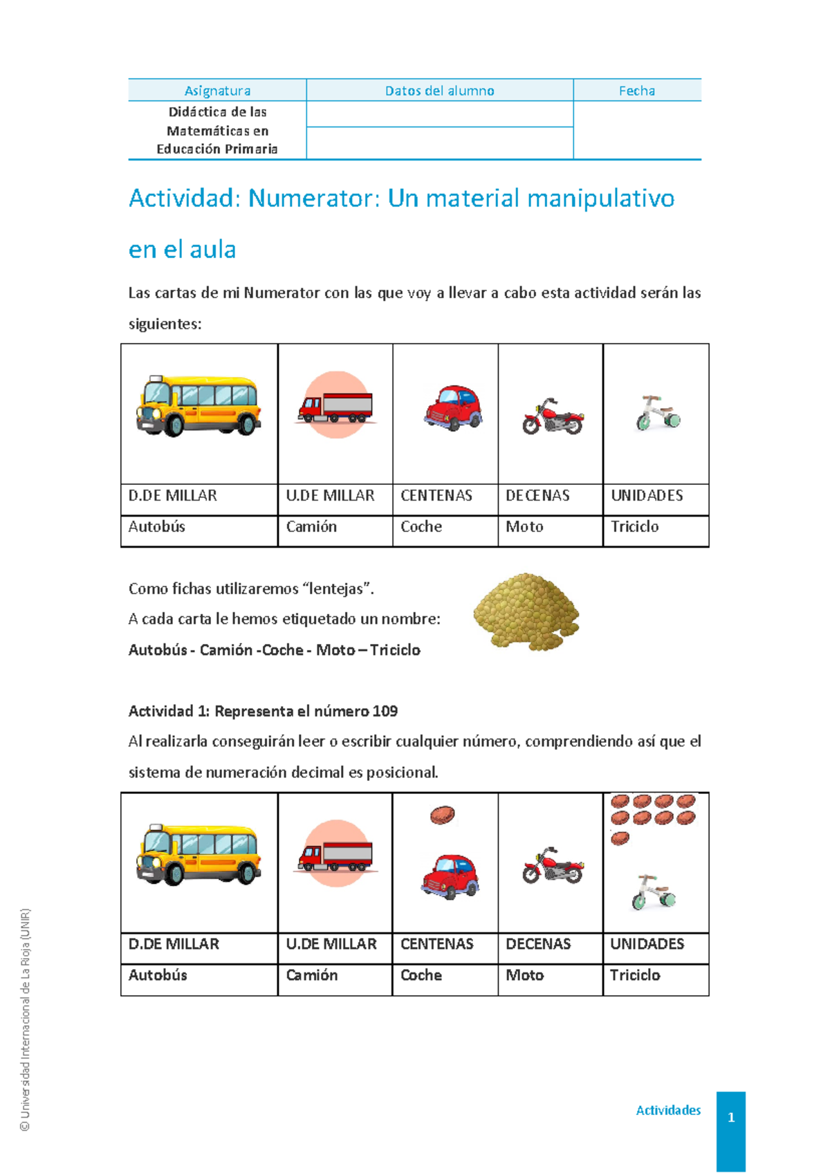 Actividades con el material manipulativo 