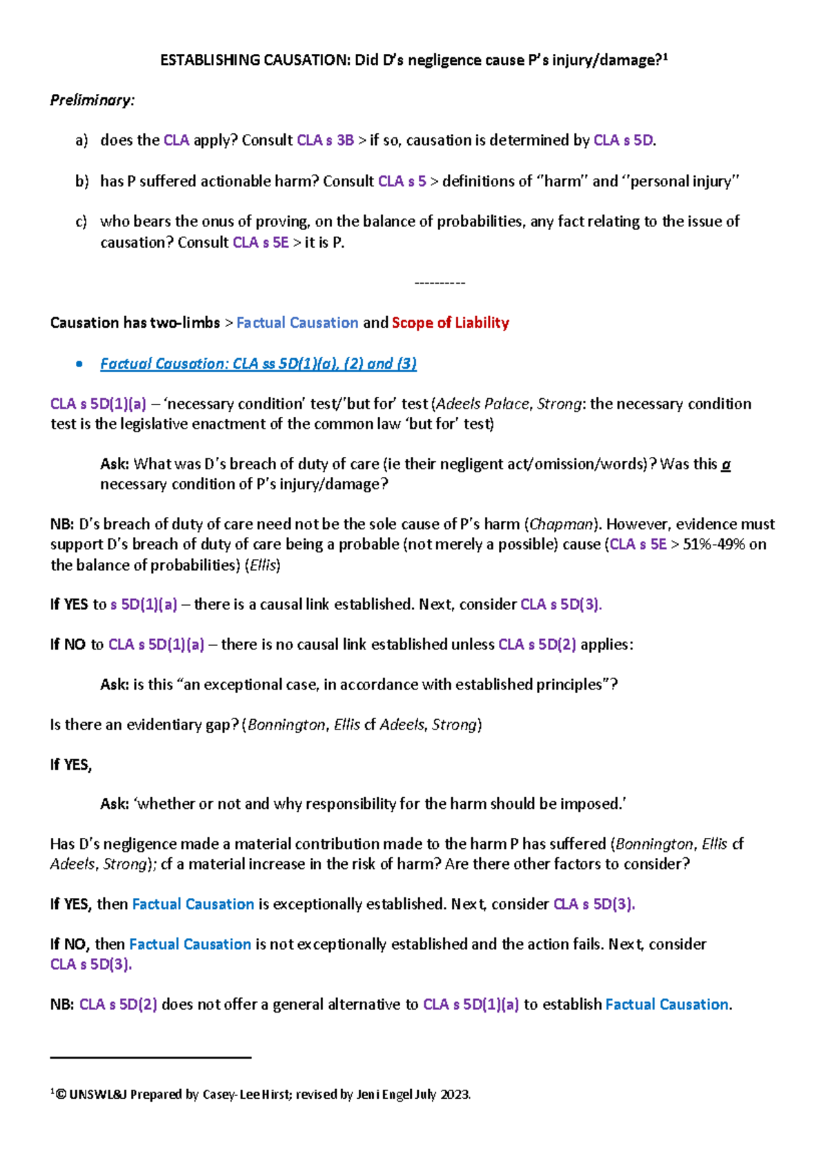 Proving Causation: CLA Analysis and Legal Framework (Preliminary) - Studocu