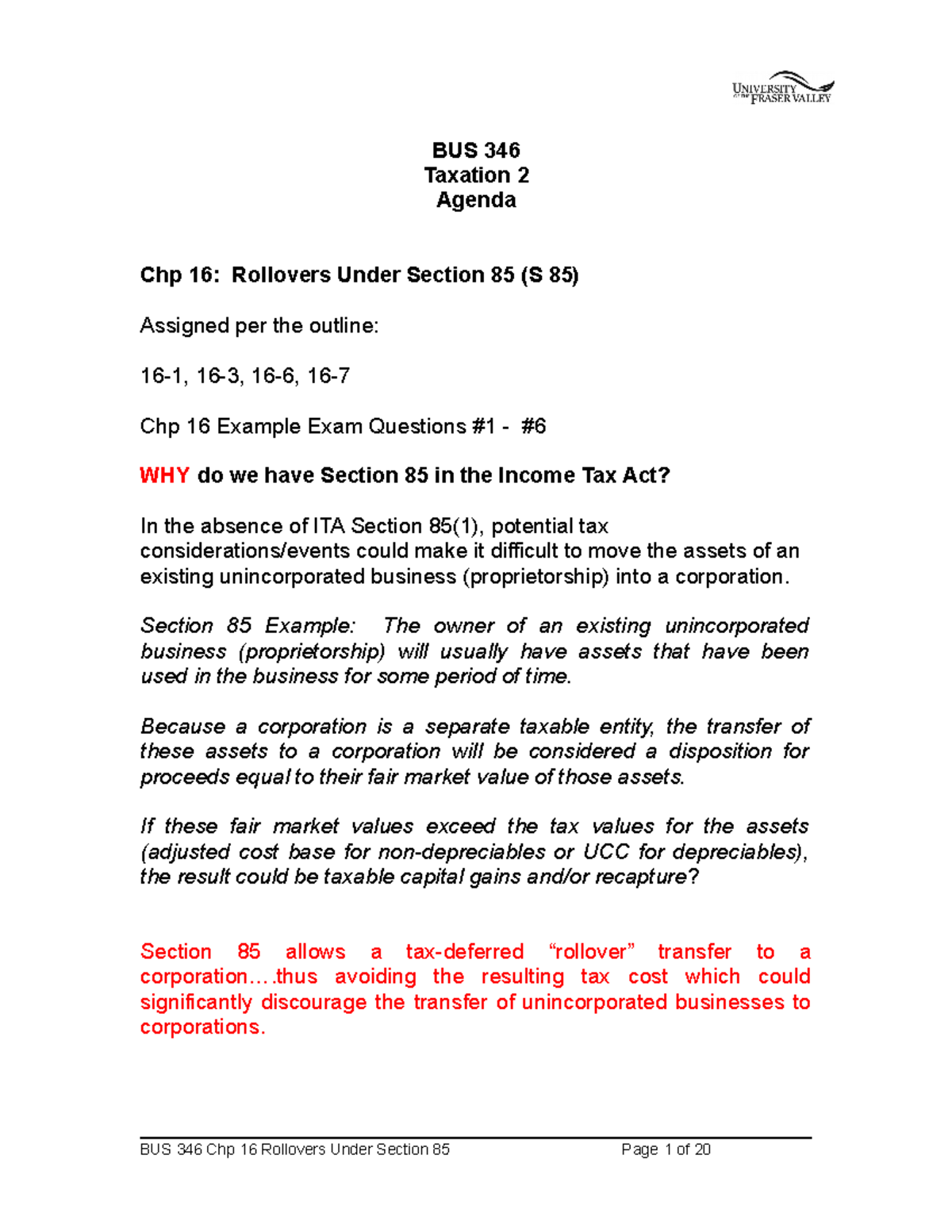 BUS 346 Chp 16 Section 85 Rollovers: Key Concepts & Examples - Studocu