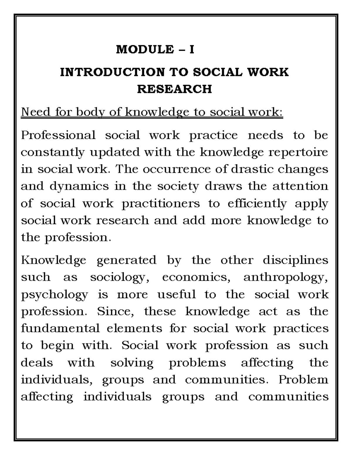 Module I: Introduction to Social Work Research and Its Importance - Studocu