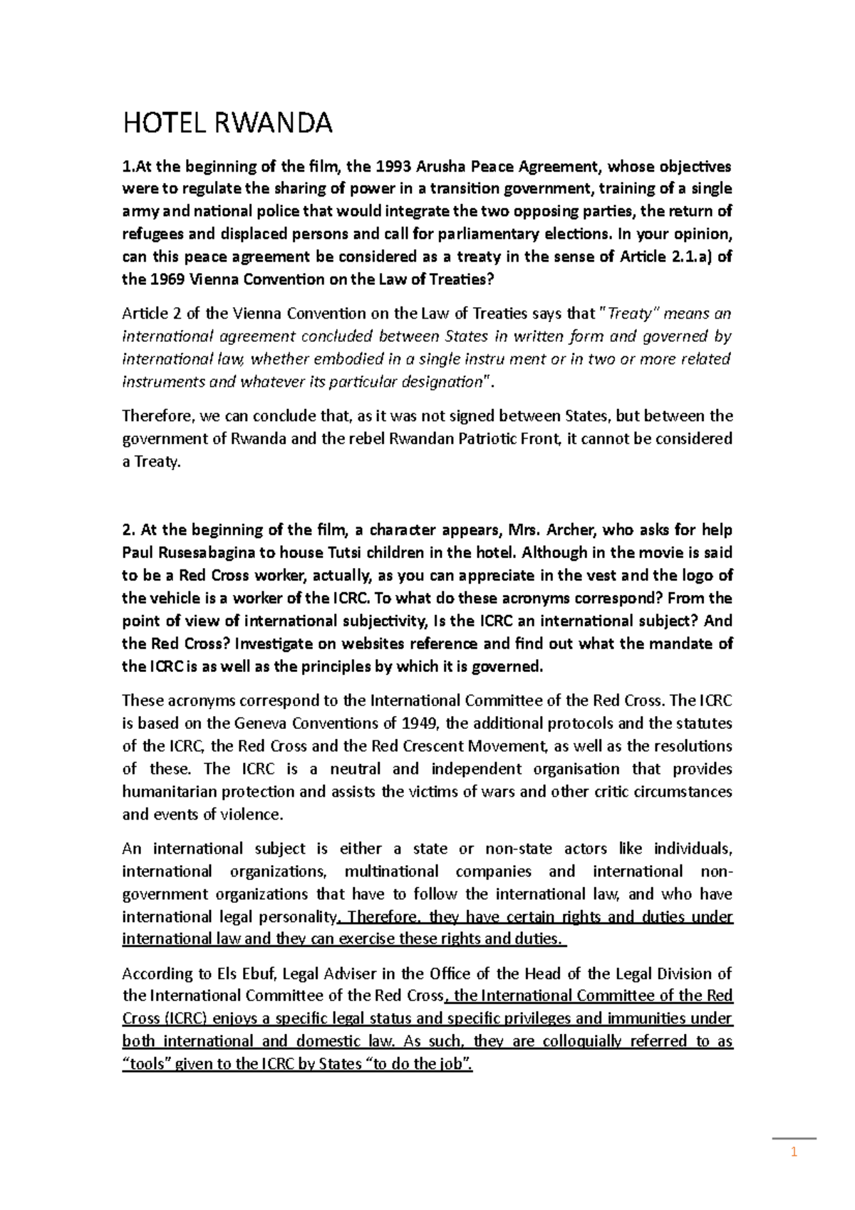 Hotel Rwanda Assignment: Analysis of International Law Issues - Studocu