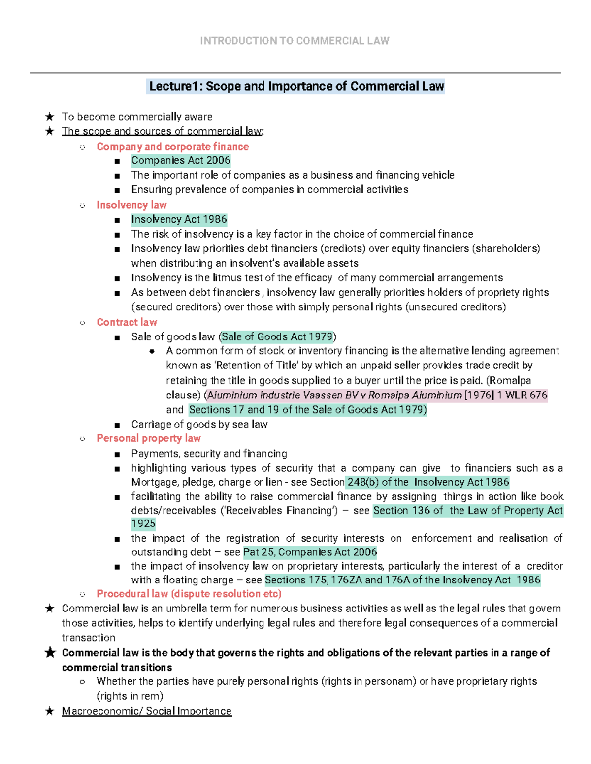 Commercial Law Notes: Key Concepts & Principles (Topic 1) - Studocu