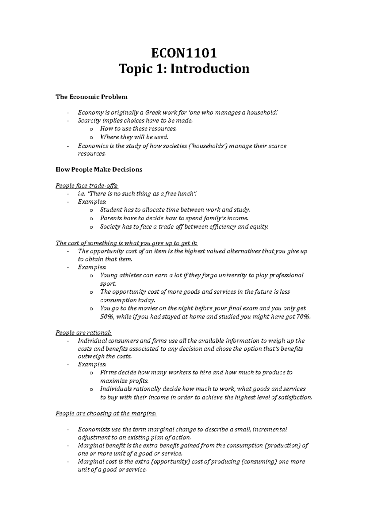 ECON 101: Comprehensive Lecture Notes for Exam Preparation - Studocu
