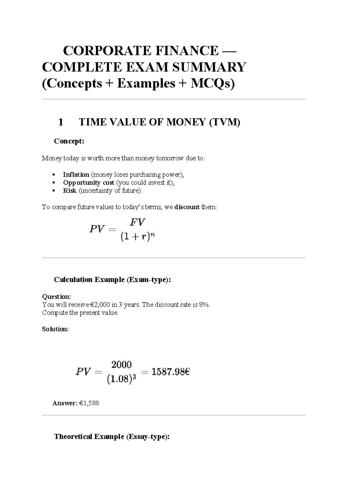 Corporate Finance 2 - Complete Exam Summary on Key Concepts - Studocu