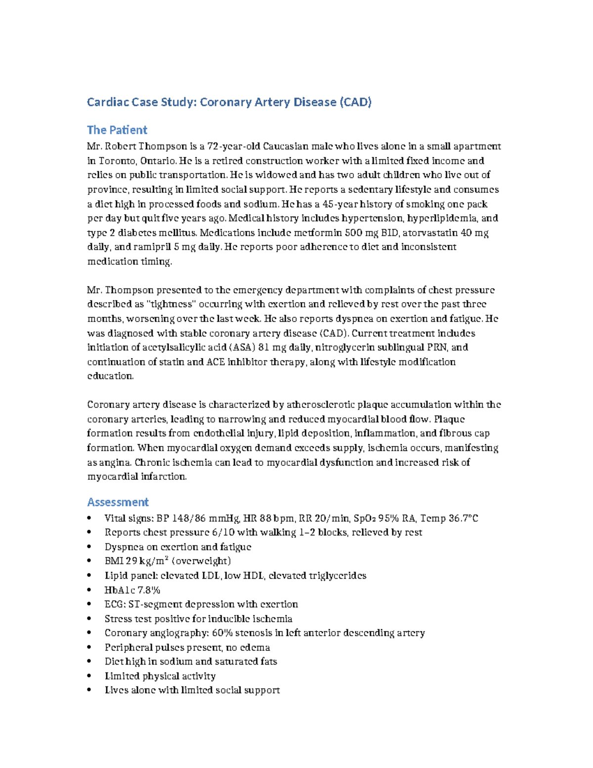 Cardiac Case Study: Coronary Artery Disease (CAD) of Mr. Thompson - Studocu