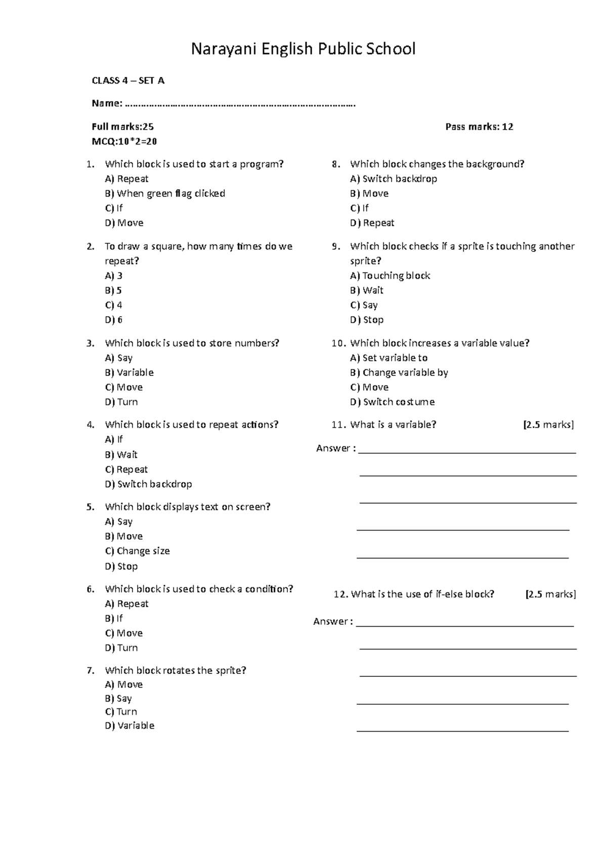 Narayani English Public School Coding Exam - Class 4 to 9 Question Sets ...