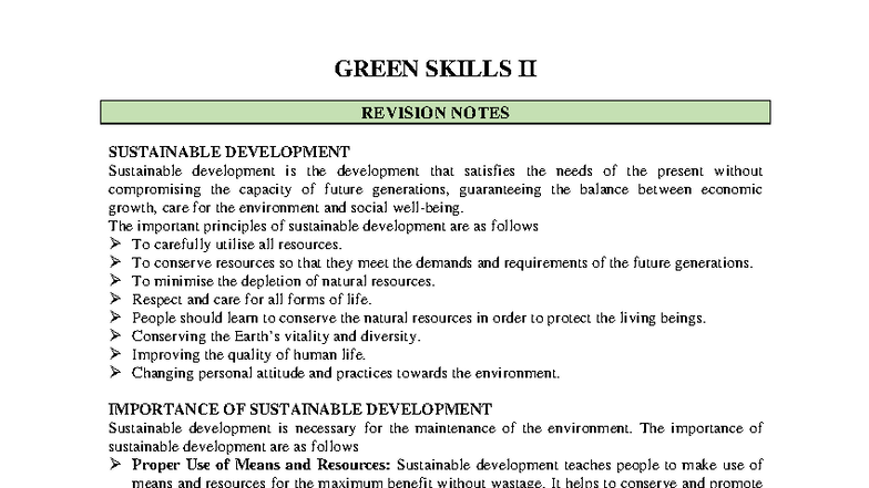 GREEN SKILLS II: Revision Notes on Sustainable Development - Studocu