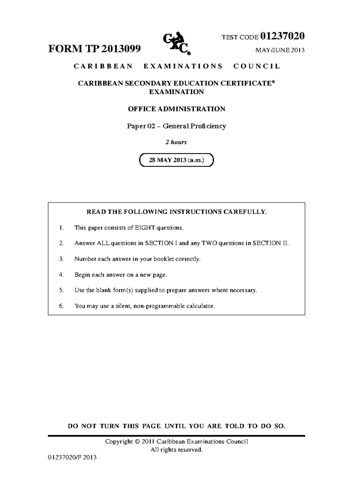 CSEC Office Administration June 2013 P2 - TEST CODE 01237020 FORM TP ...