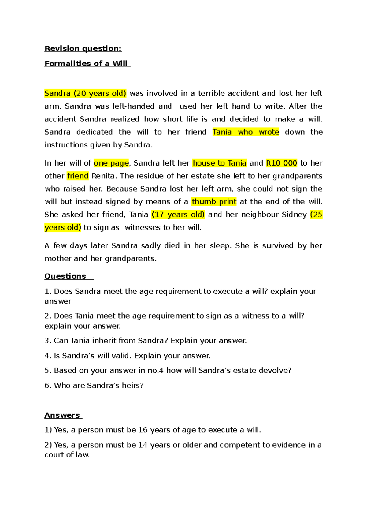 Revision Questions: Formalities of a Will (Law 101) - Studocu