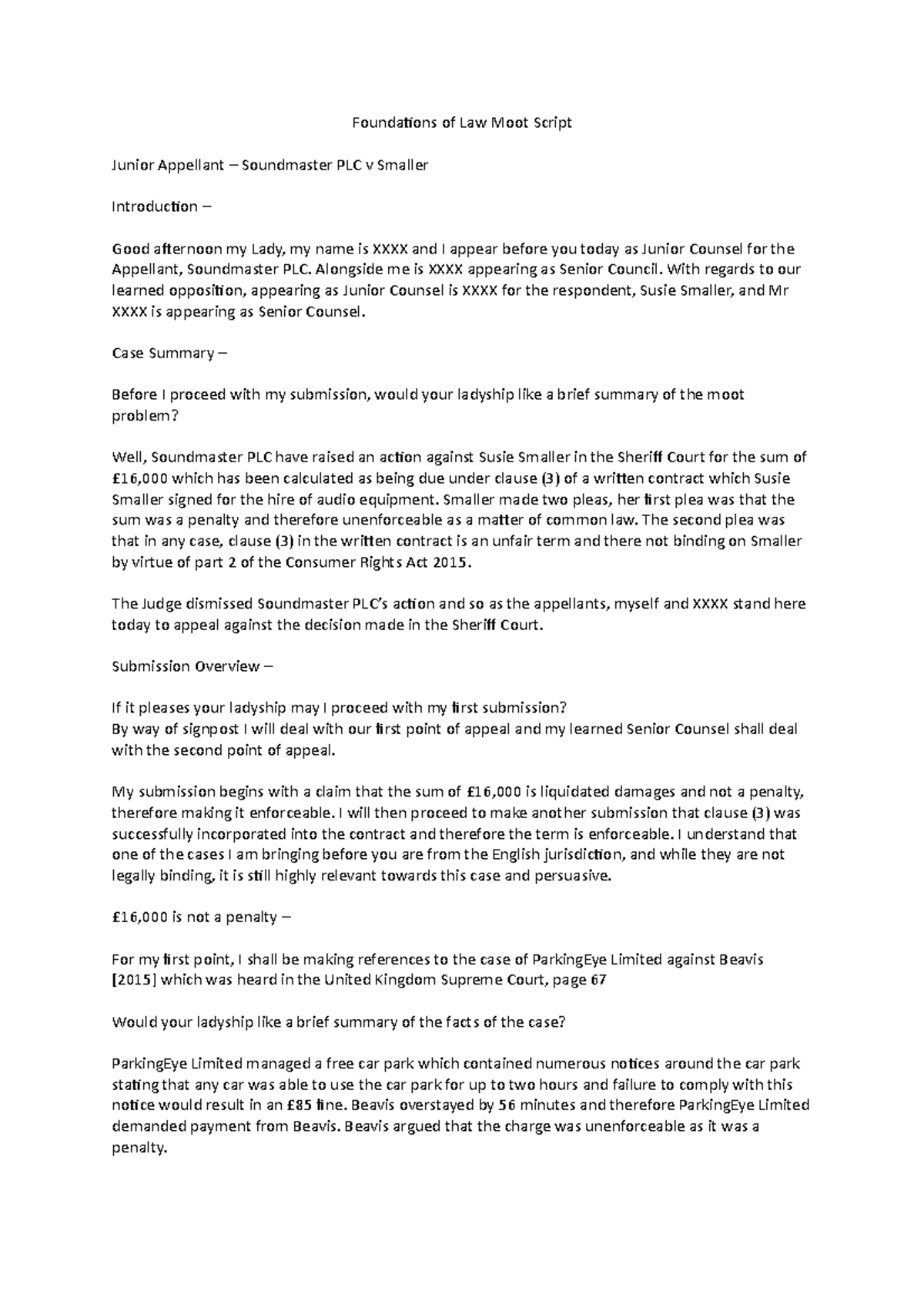 Foundations of Law Moot Script: Soundmaster PLC v Smaller Appeal - Studocu
