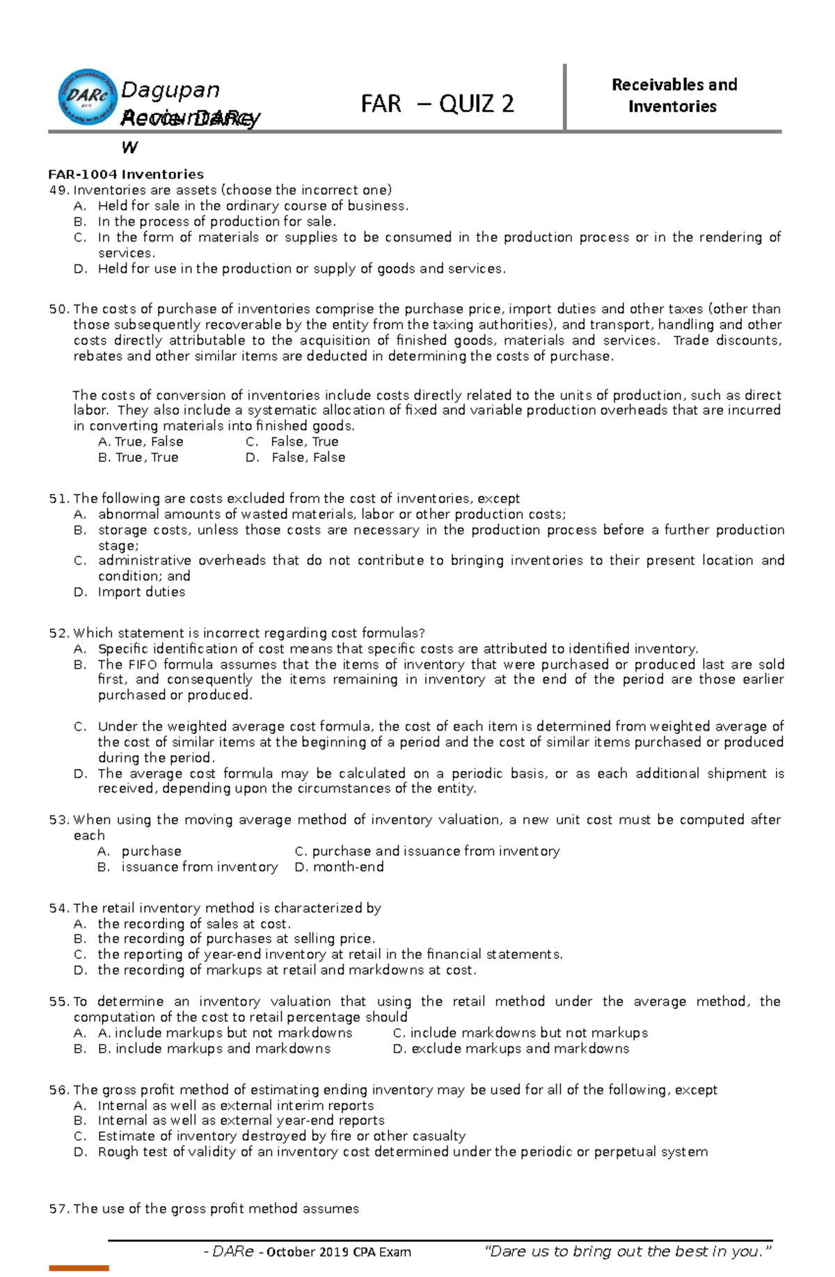 FAR-1004 Quiz: Inventory Concepts and Exam Questions - Studocu