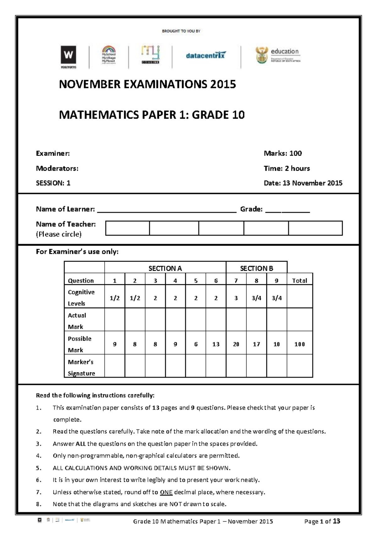 Grade 10 Mathematics November 2015 Exam Paper 1 (QP) - Studocu