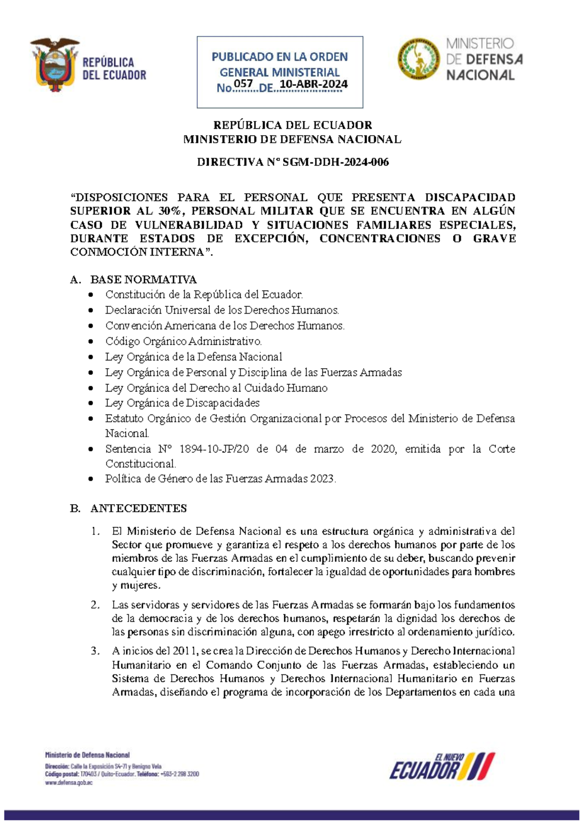Directiva Nº 057-2024 sobre Atención a Personal Vulnerable en Fuerzas Armadas - Document Preview