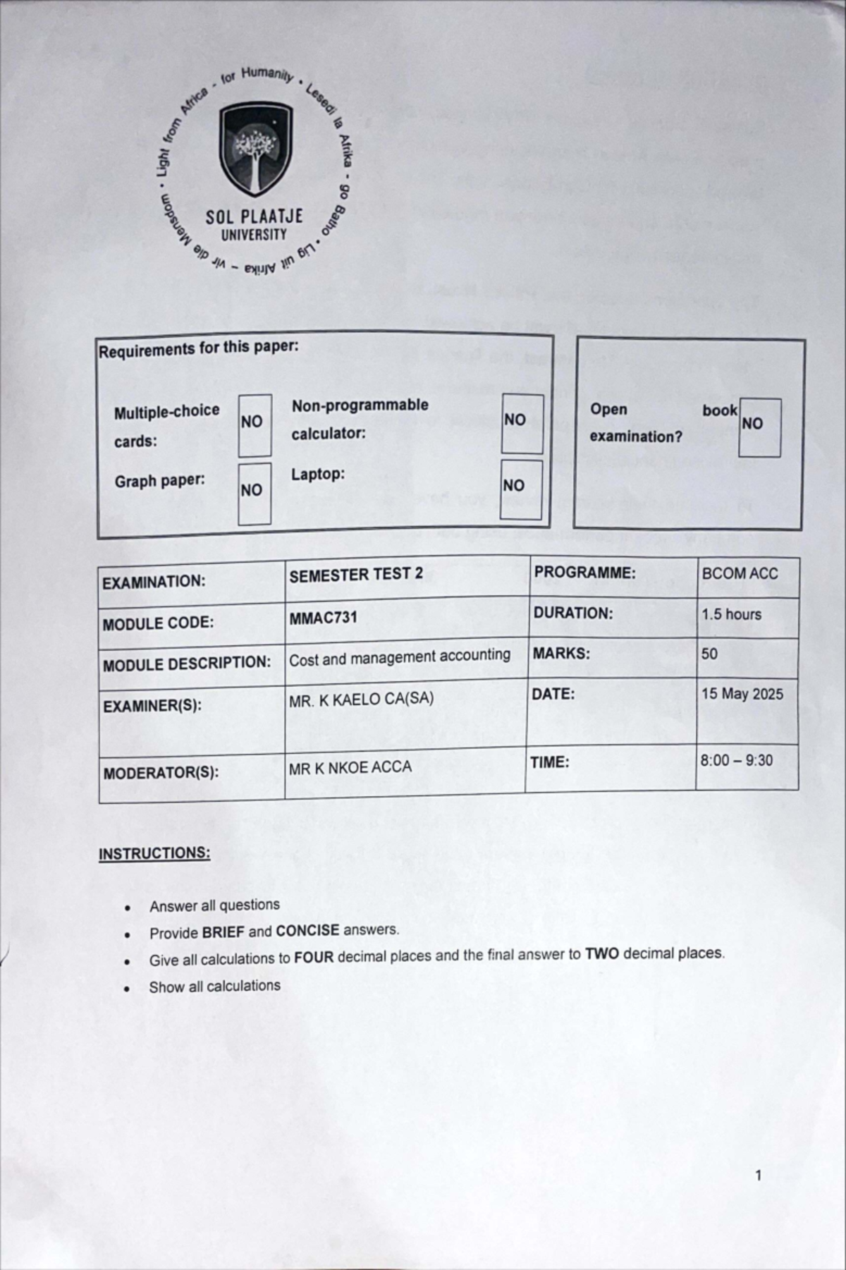 BCOM ACC MMAC731 Cost and Management Accounting Test 2 Notes - Studocu