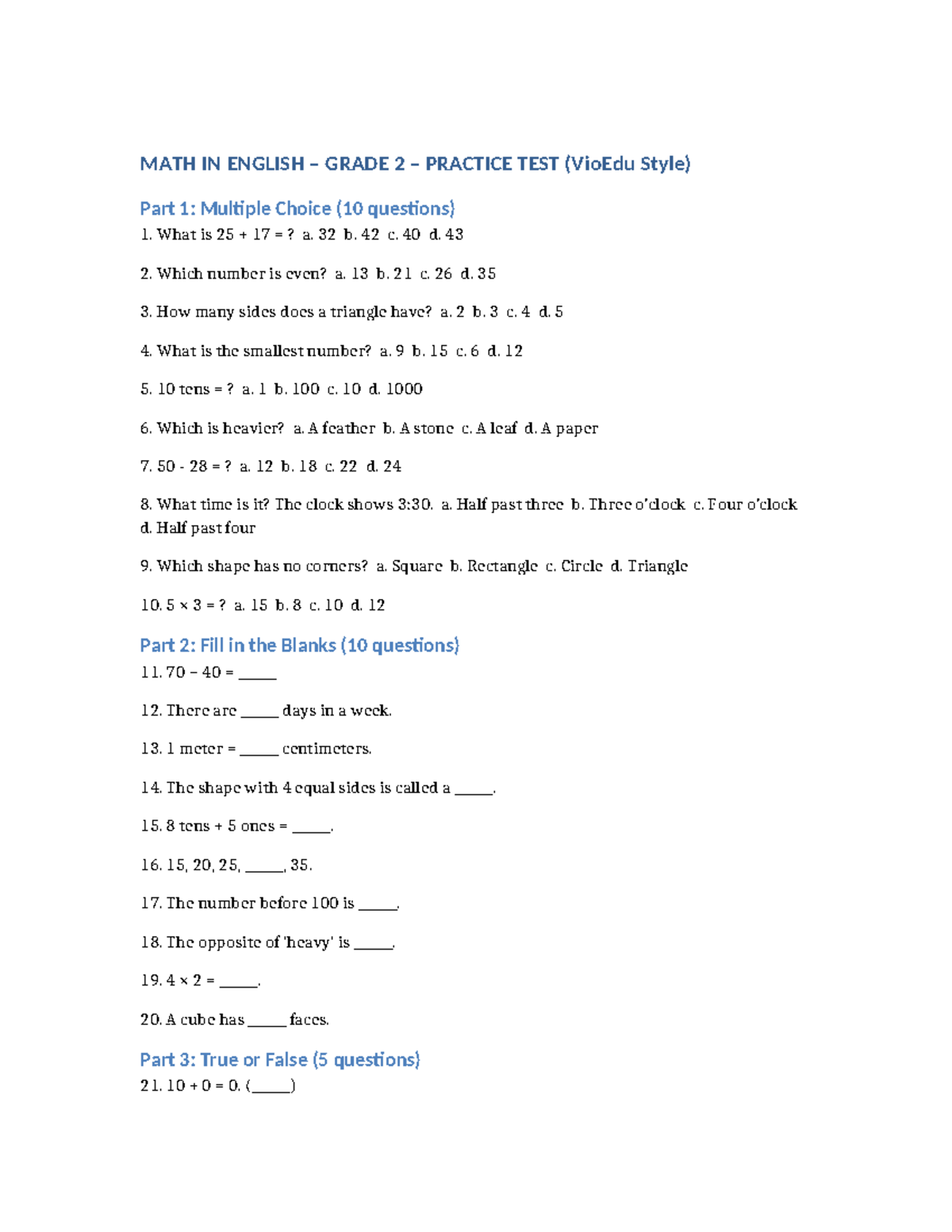 MATH 2 PRACTICE TEST: VioEdu Style - MCQ, Fill Blanks, True/False - Studocu