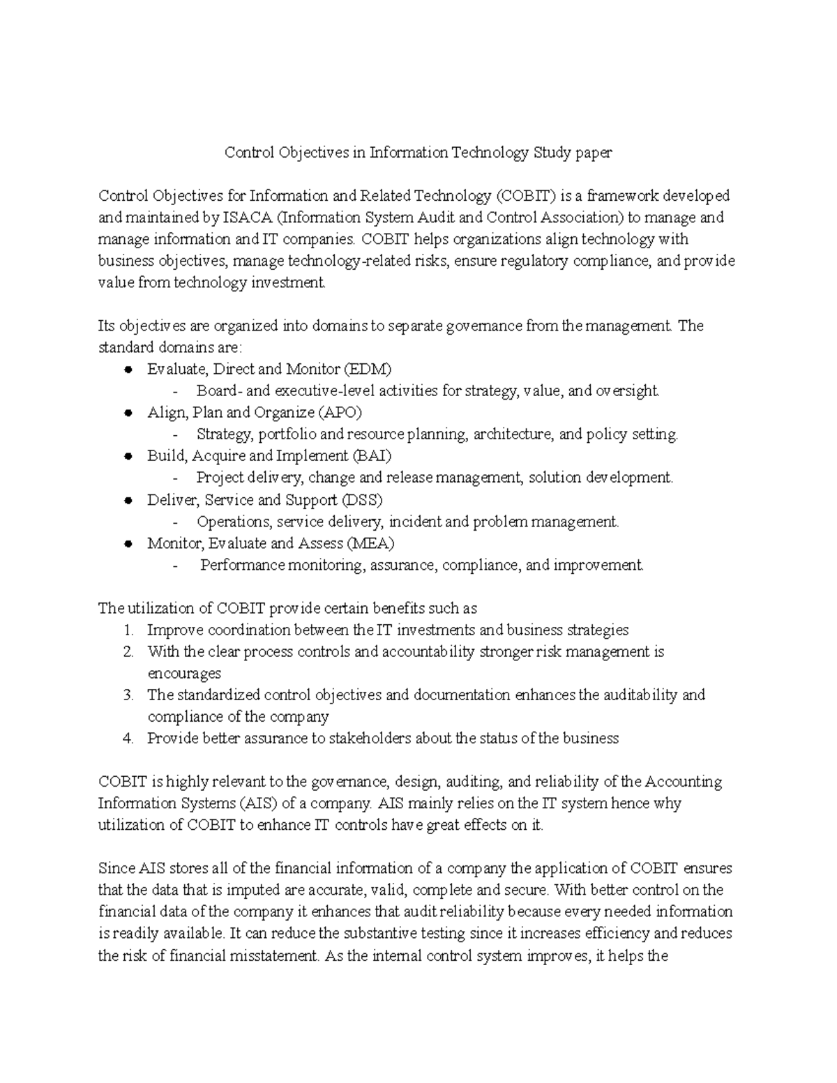 COBIT Study Paper: Control Objectives in IT Governance and Management ...