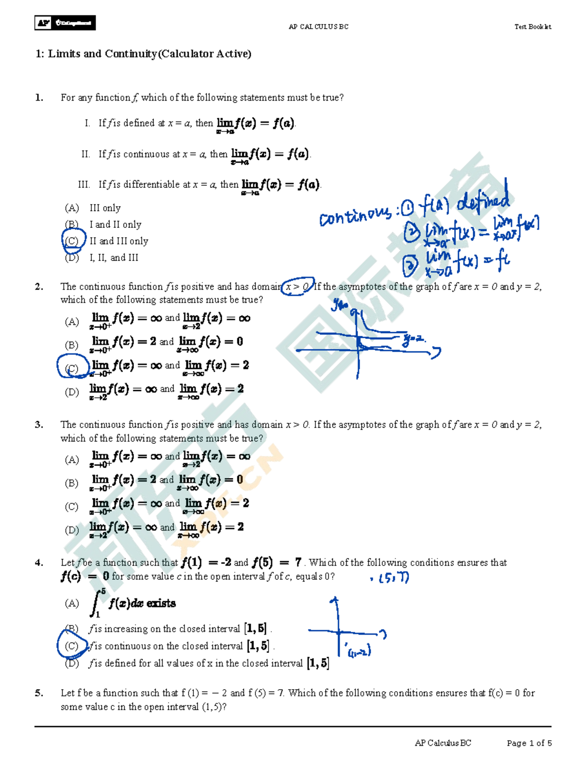 AP CALCULUS BC Test Booklet 1: Limits & Continuity Review - Studocu
