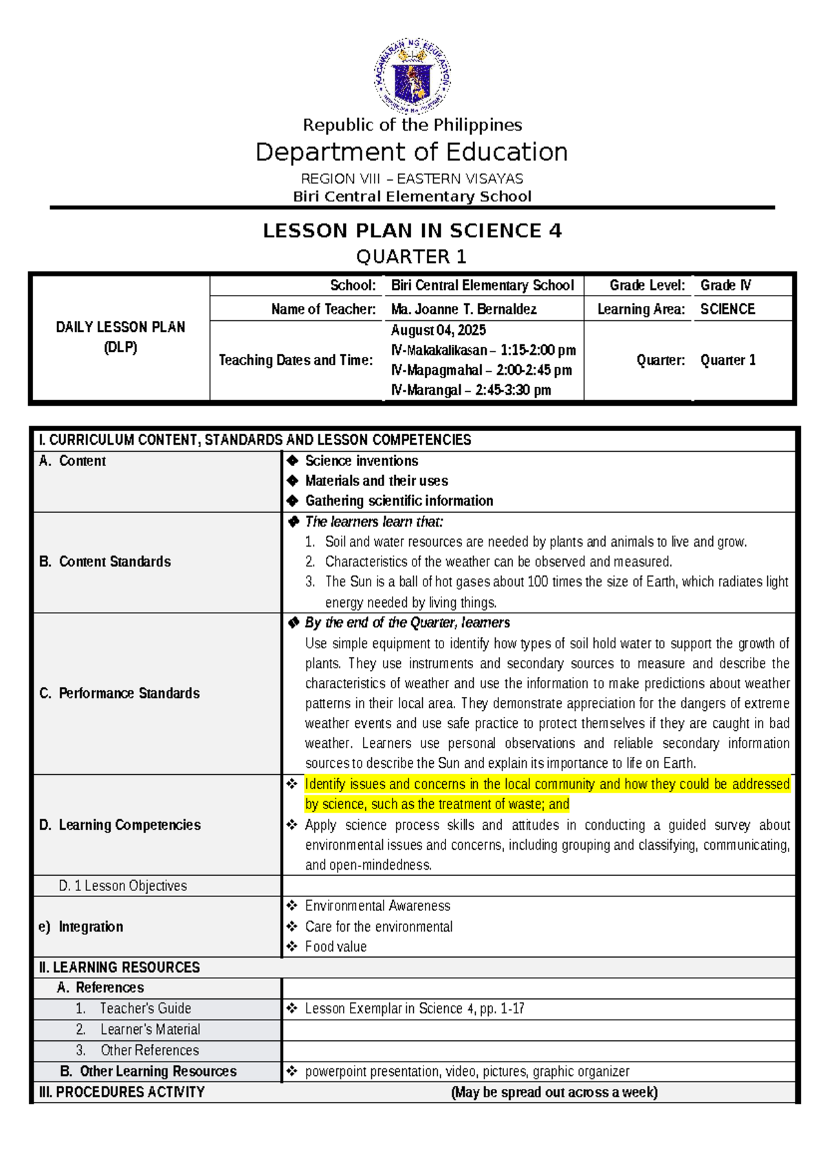 Lesson Plan in Science 4 (Quarter 1) - Week 8 Activities - Studocu