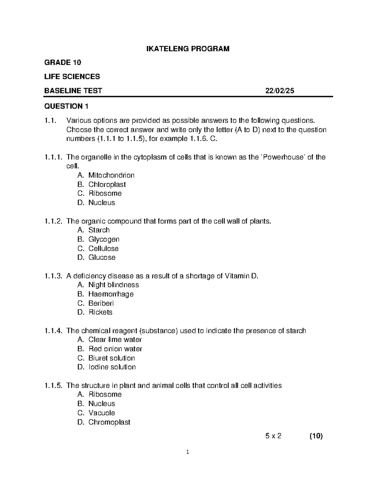 Ikateleng Program Grade 10 Life Sciences Baseline Test Questions - Studocu