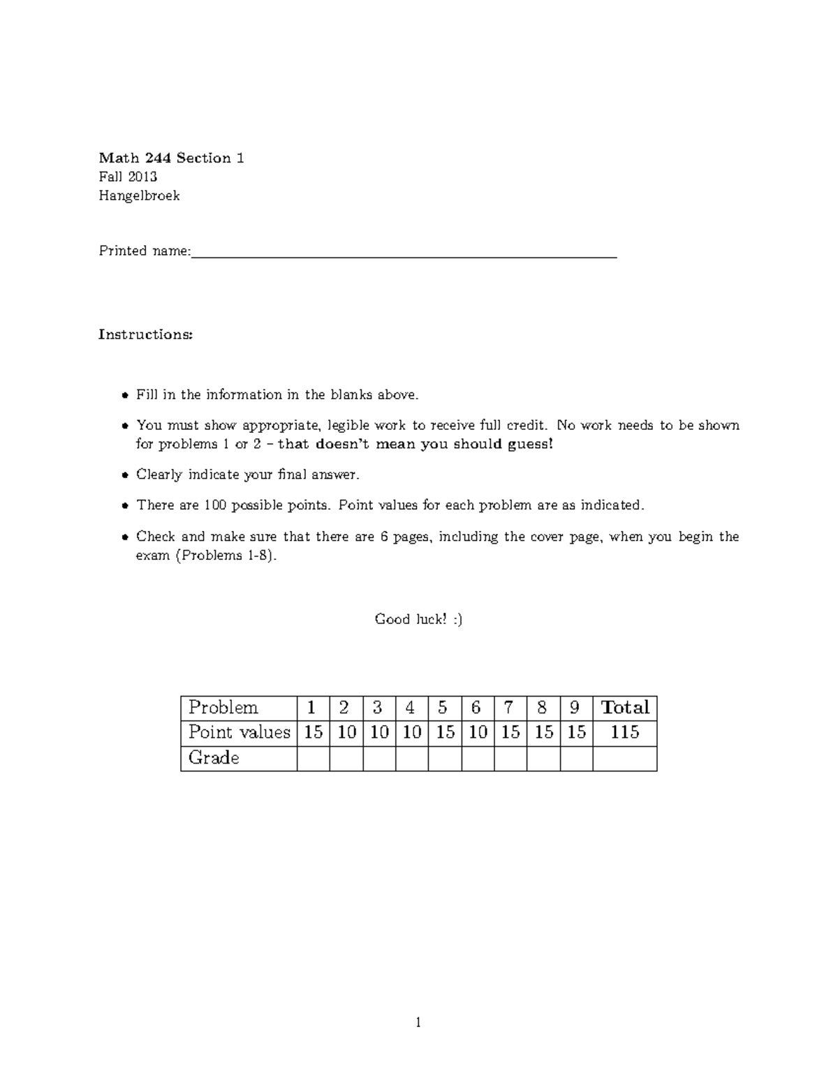 Math 244 Midterm Exam 1 - Fall 2013 Instructions & Problems - Studocu