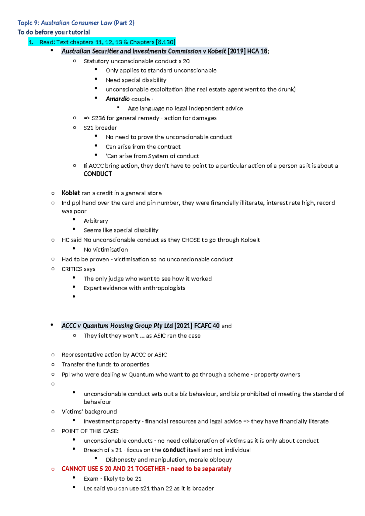 Prop Tut 9 conceptual questions - Topic 9: Australian Consumer Law ...