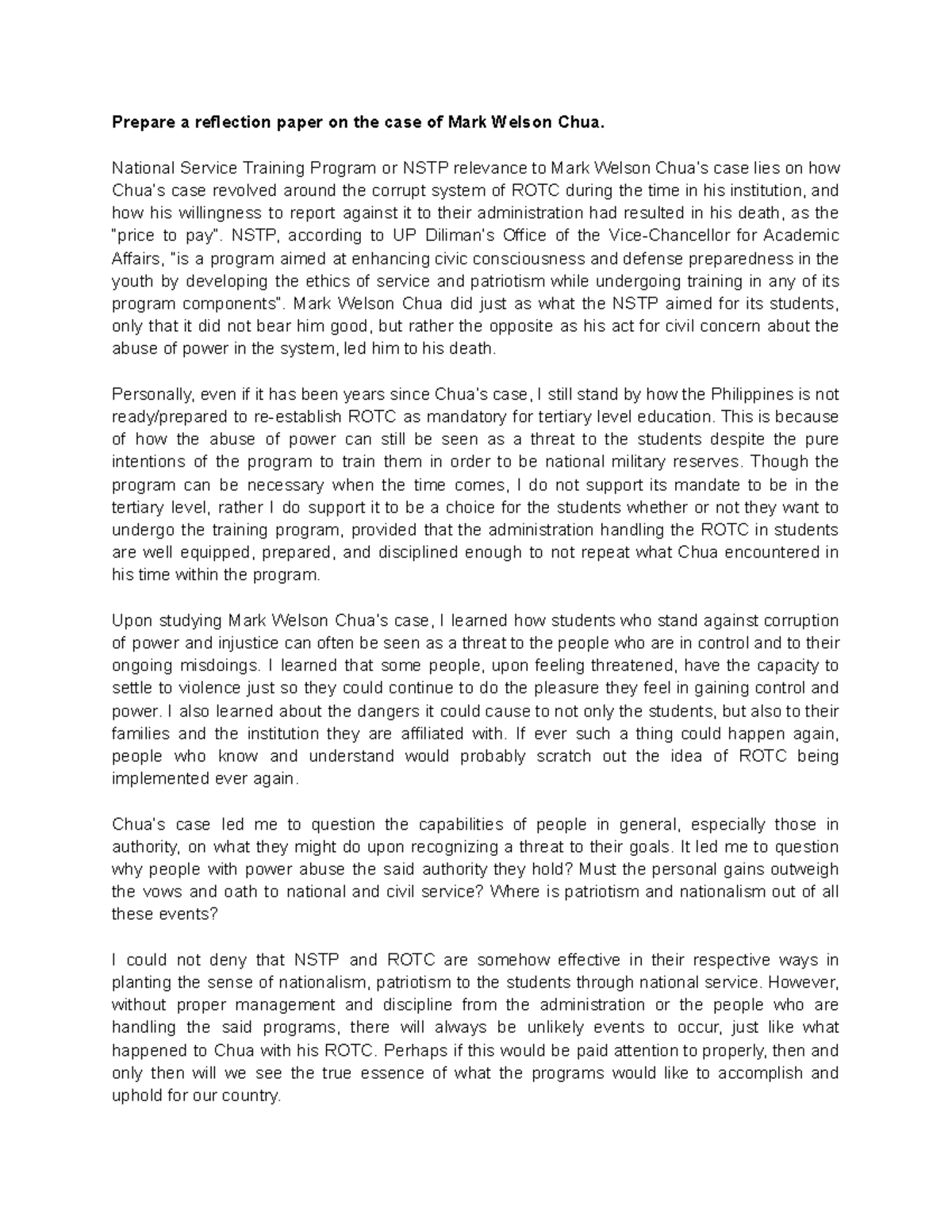 NSTP Reflection on the Case of Mark Welson Chua: A Call for Change ...