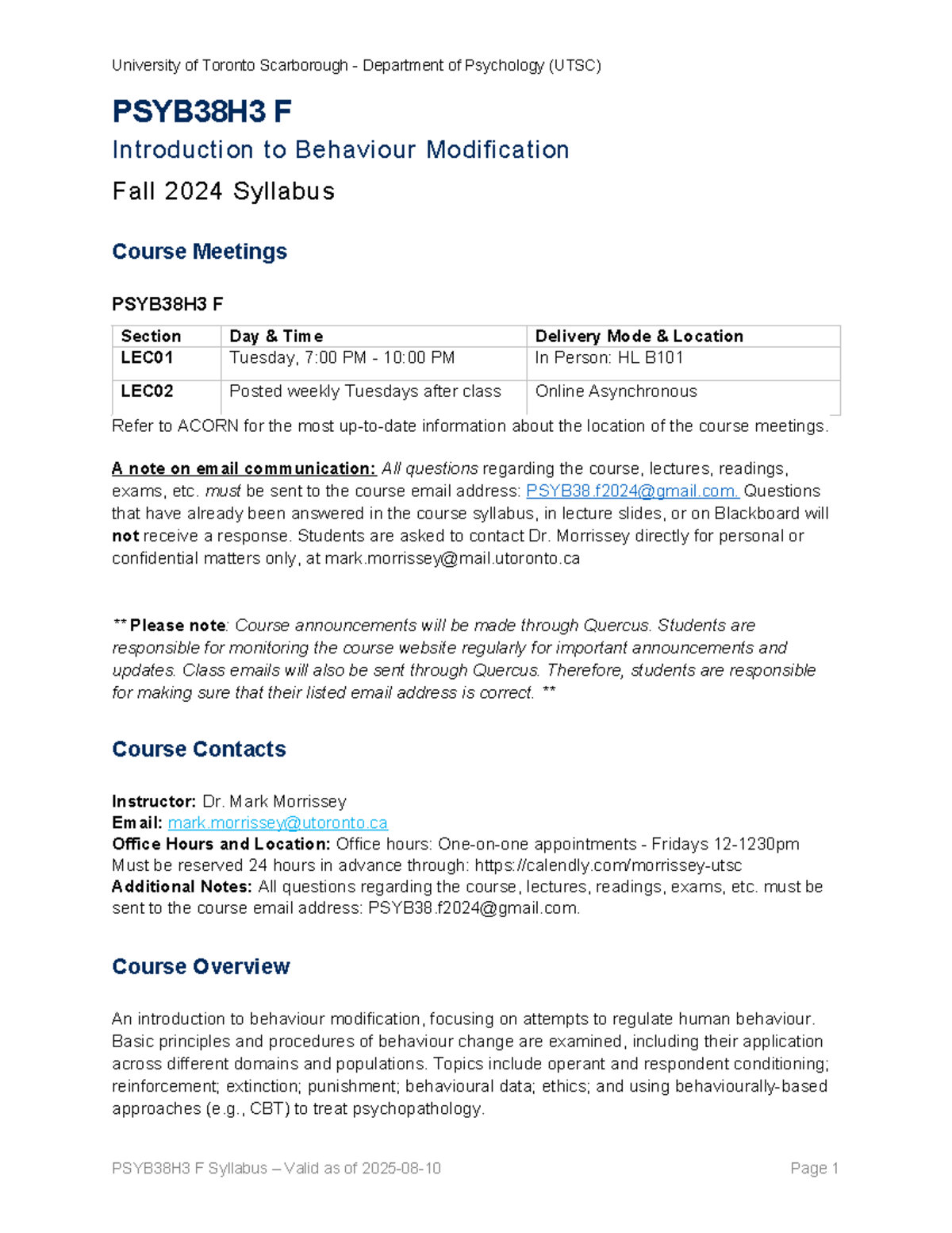 PSYB38H3F-2024 Fall Behaviour Modification Course Syllabus - Studocu