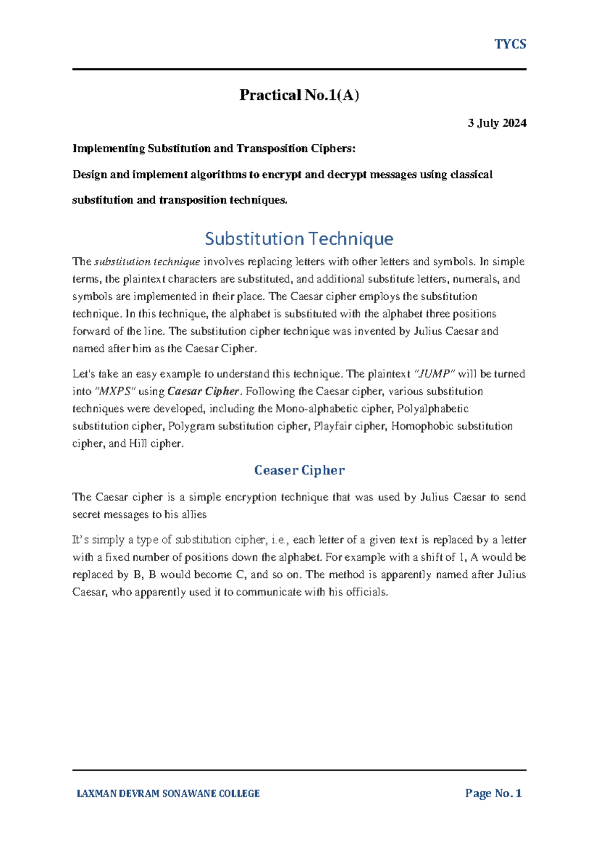 TYCS Practical No.1: Implementing Classical Ciphers Techniques - Studocu