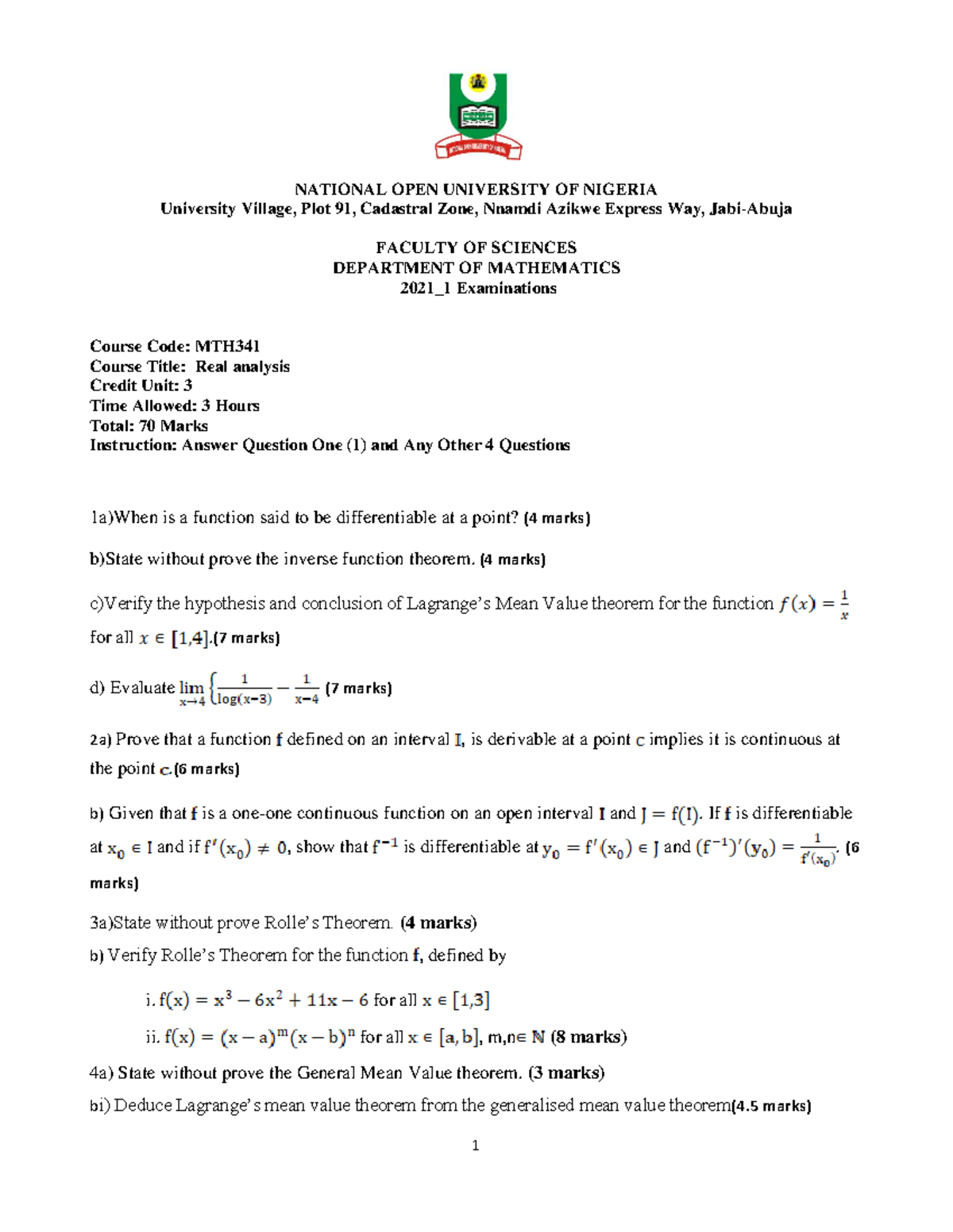MTH341 - 2021 First Semester Exam Pass Questions on Real Analysis - Studocu
