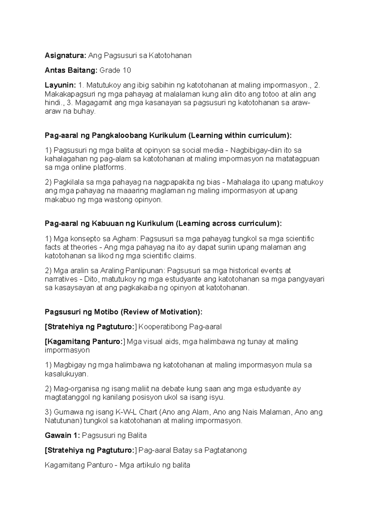 Lesson plan - Asignatura: Ang Pagsusuri sa Katotohanan Antas Baitang ...