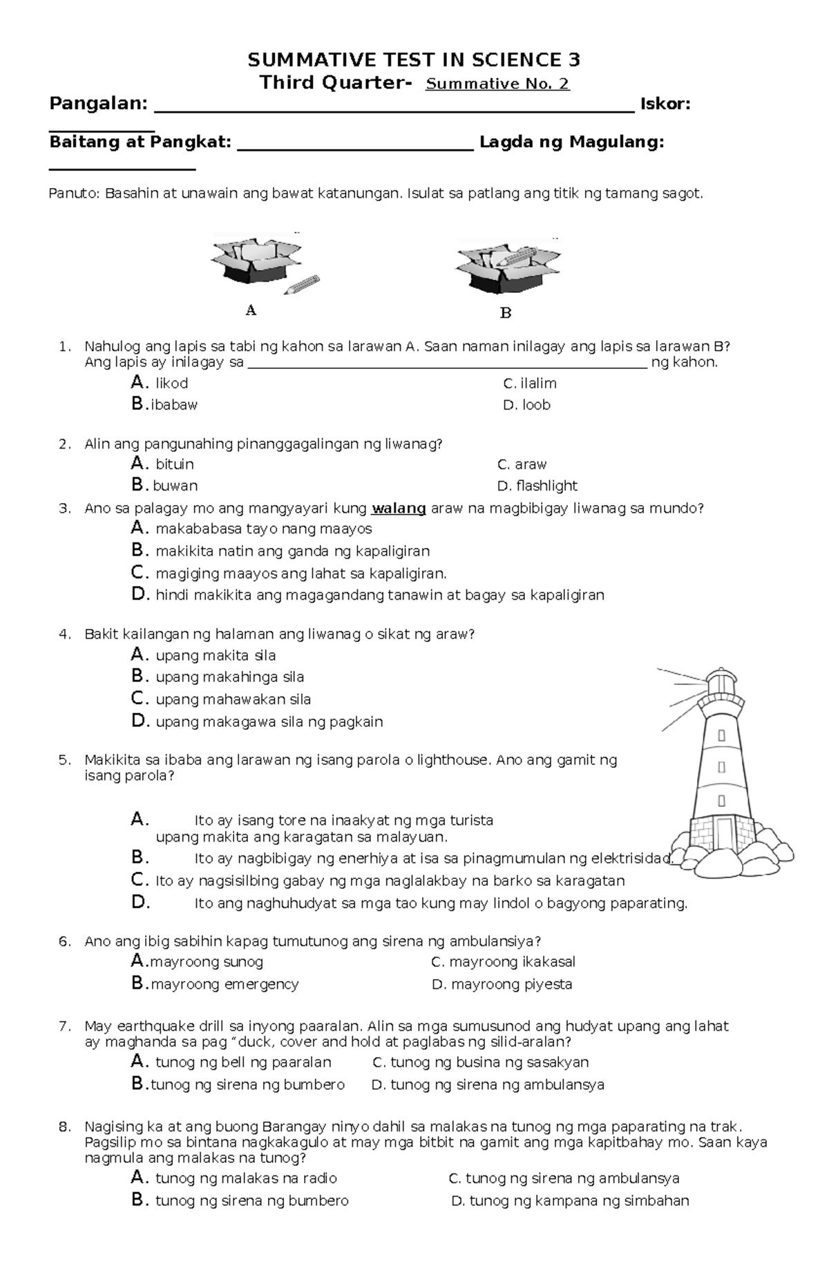 Summative TEST IN Science 3 q3 - SUMMATIVE TEST IN SCIENCE 3 Third ...
