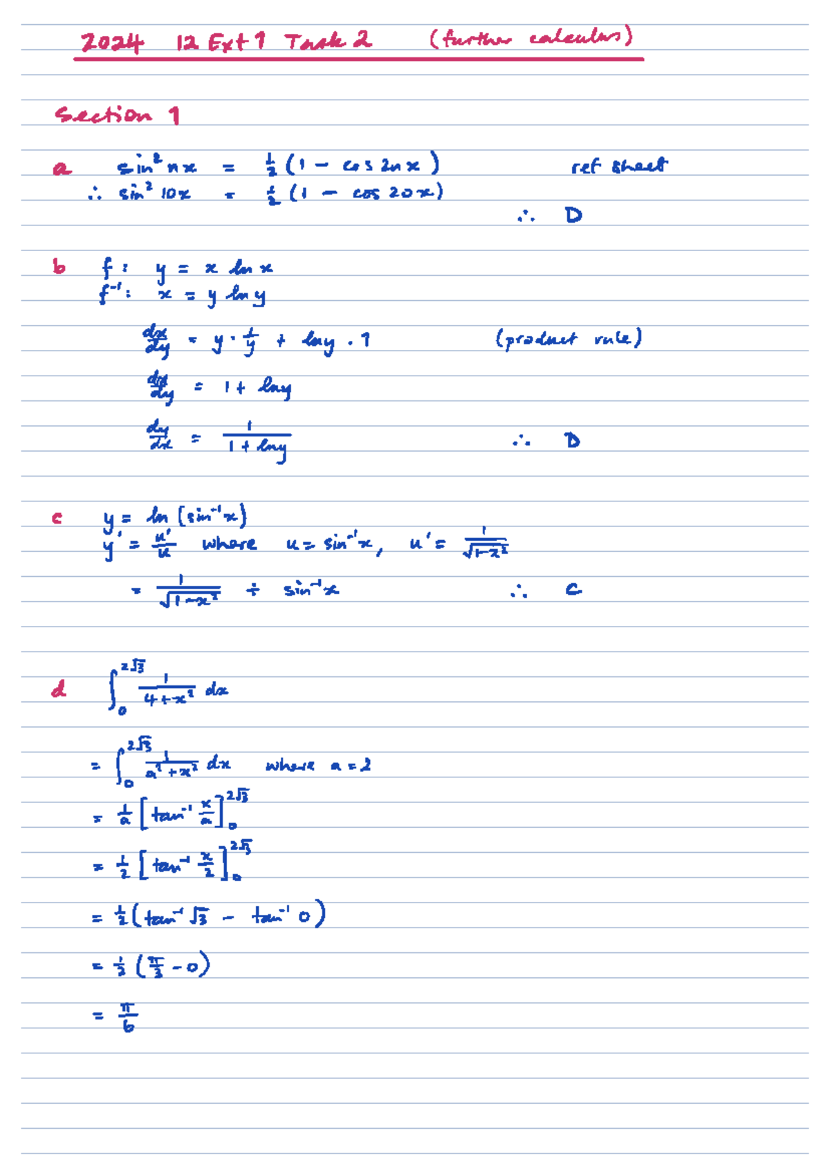 2024 Yr 12 Ext 1 Further Calculus Task 2 Solutions and Notes - Studocu