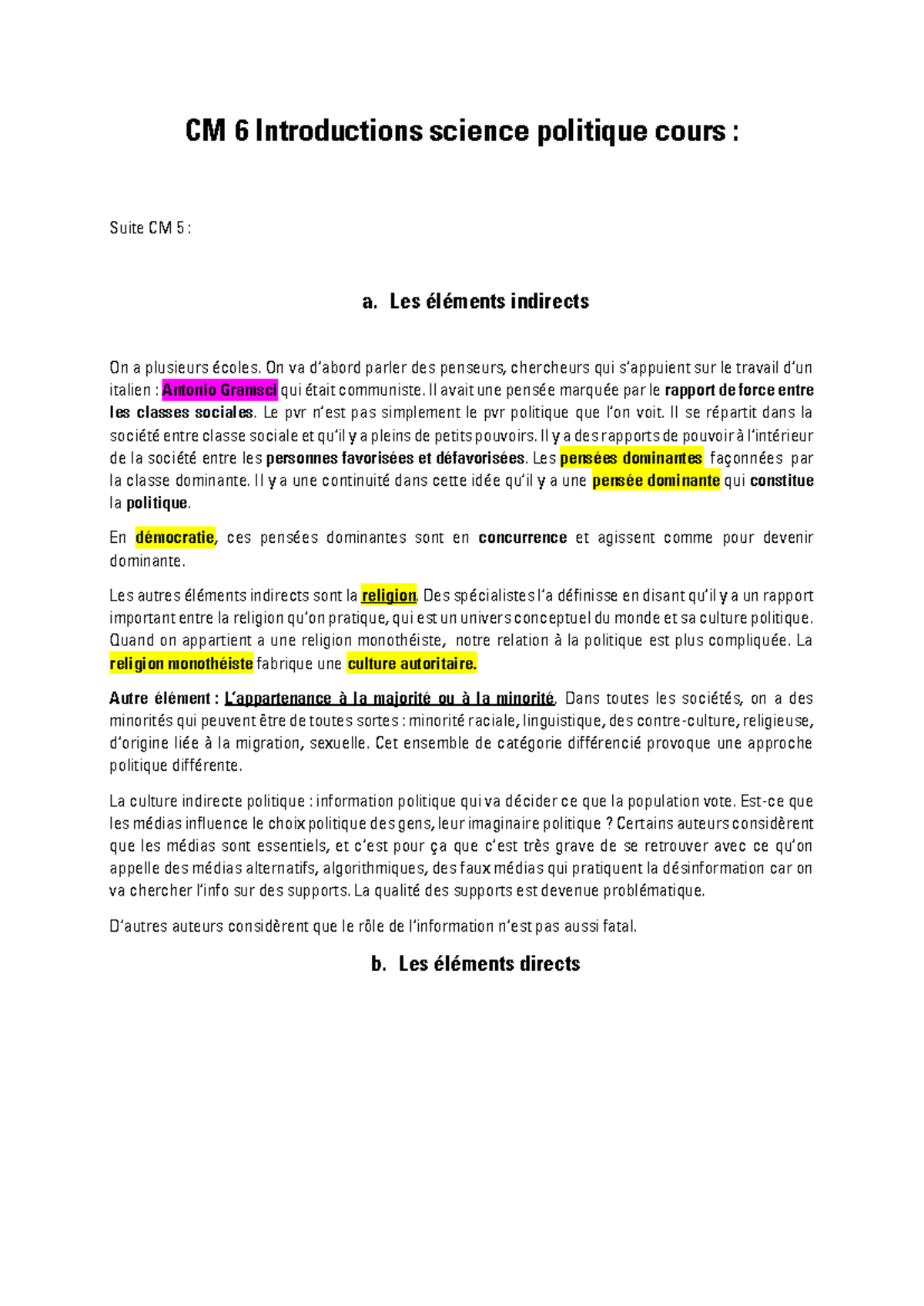 CM 6 : Introduction à la Science Politique - Éléments Directs et ...
