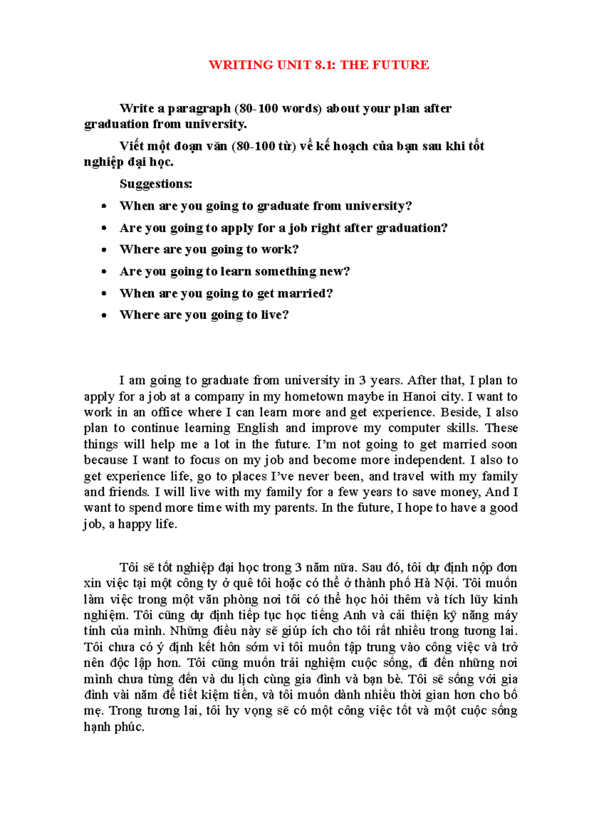 Writing UNIT 8.1: Future Plans After University Graduation - Studocu