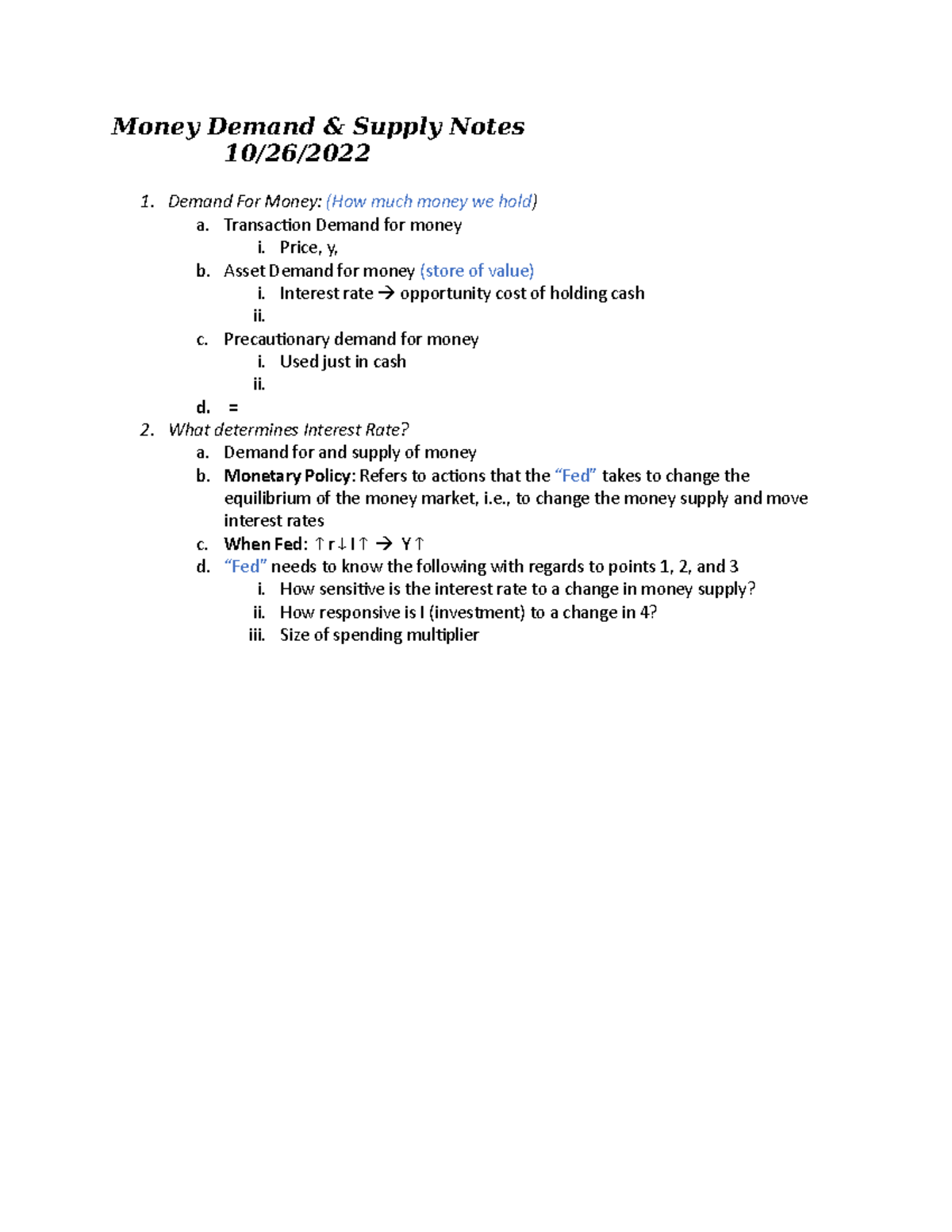 Money Demand & Supply Notes - Econ 101 Lecture Outline - Studocu