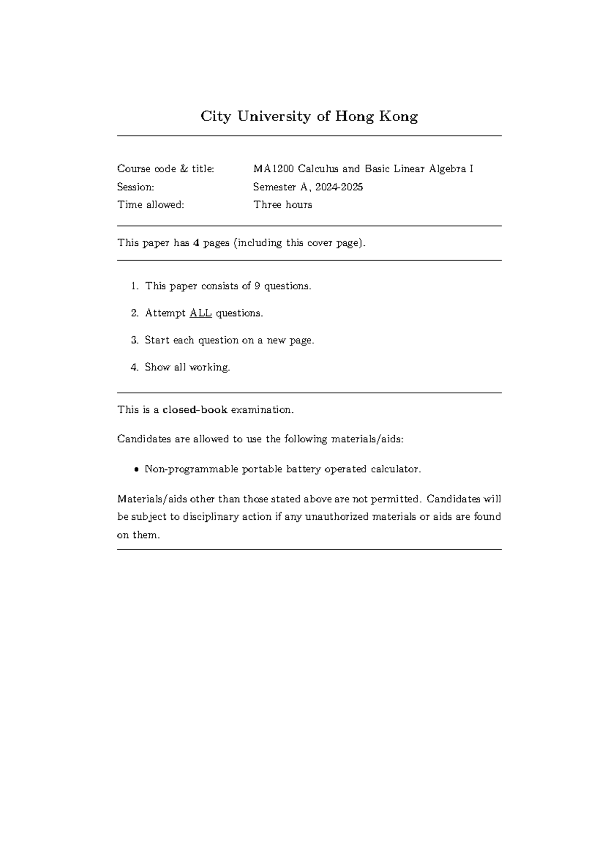 MA1200 Past Exam Paper: Calculus & Linear Algebra I (Sem A) - Studocu