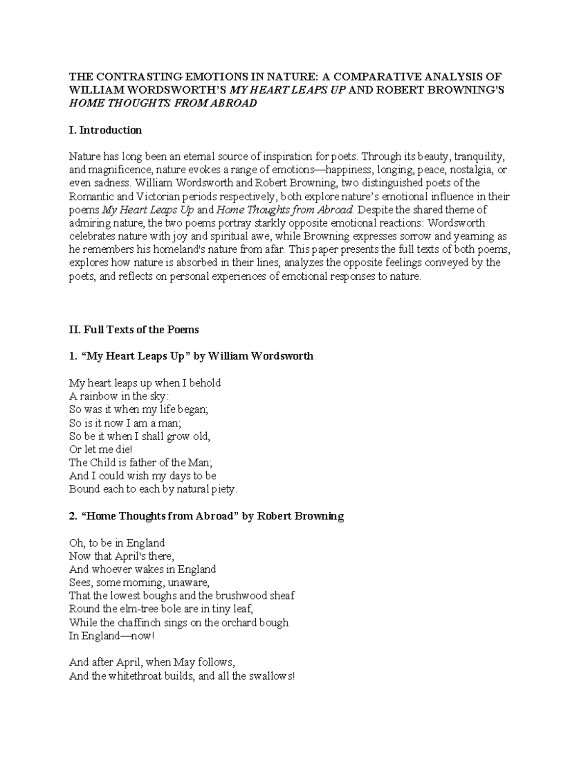 Comparative Analysis of Emotions in Nature Wordsworth vs. Browning