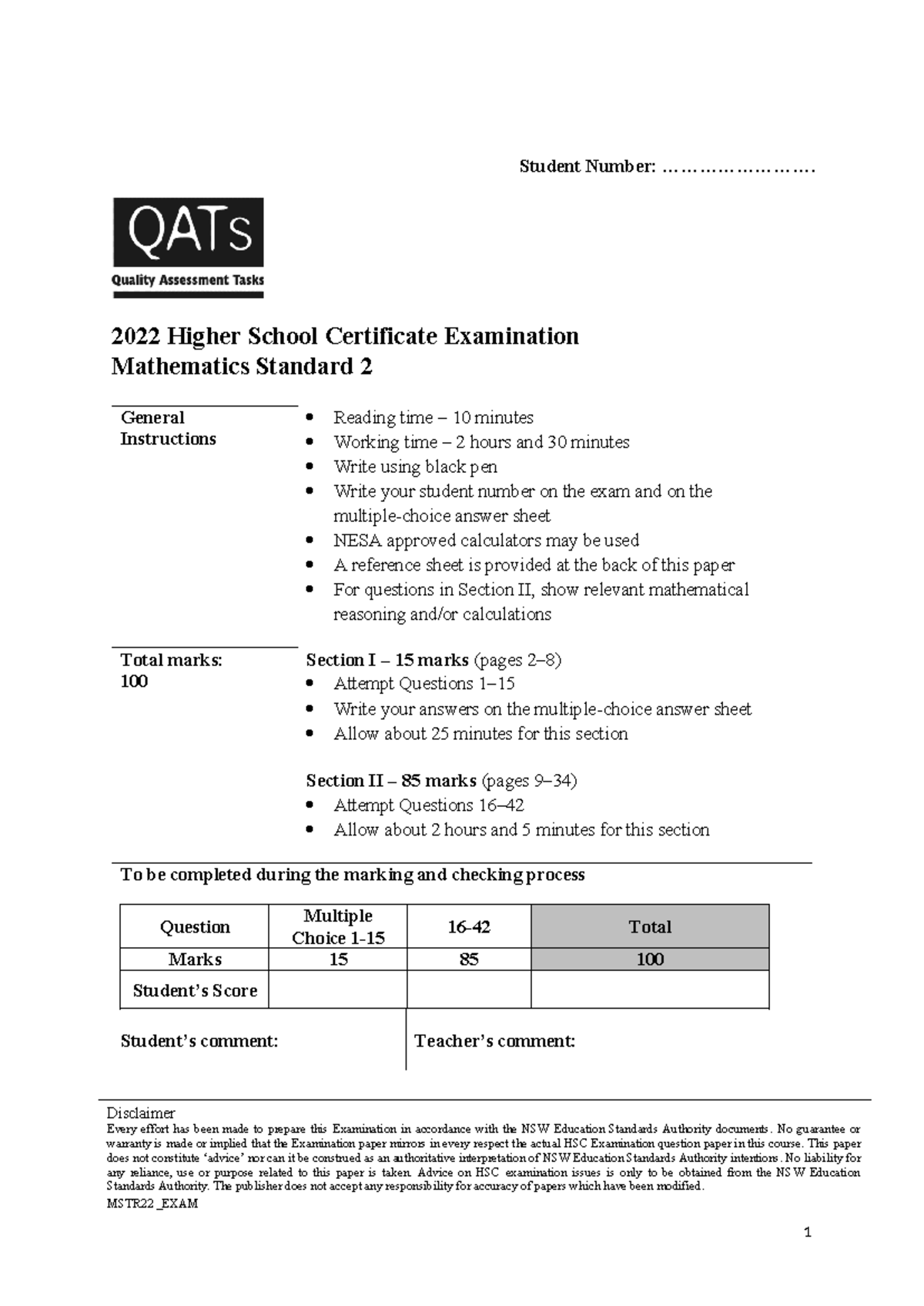 MSTR22 HSC Mathematics Standard 2 Exam Instructions and Questions - Studocu