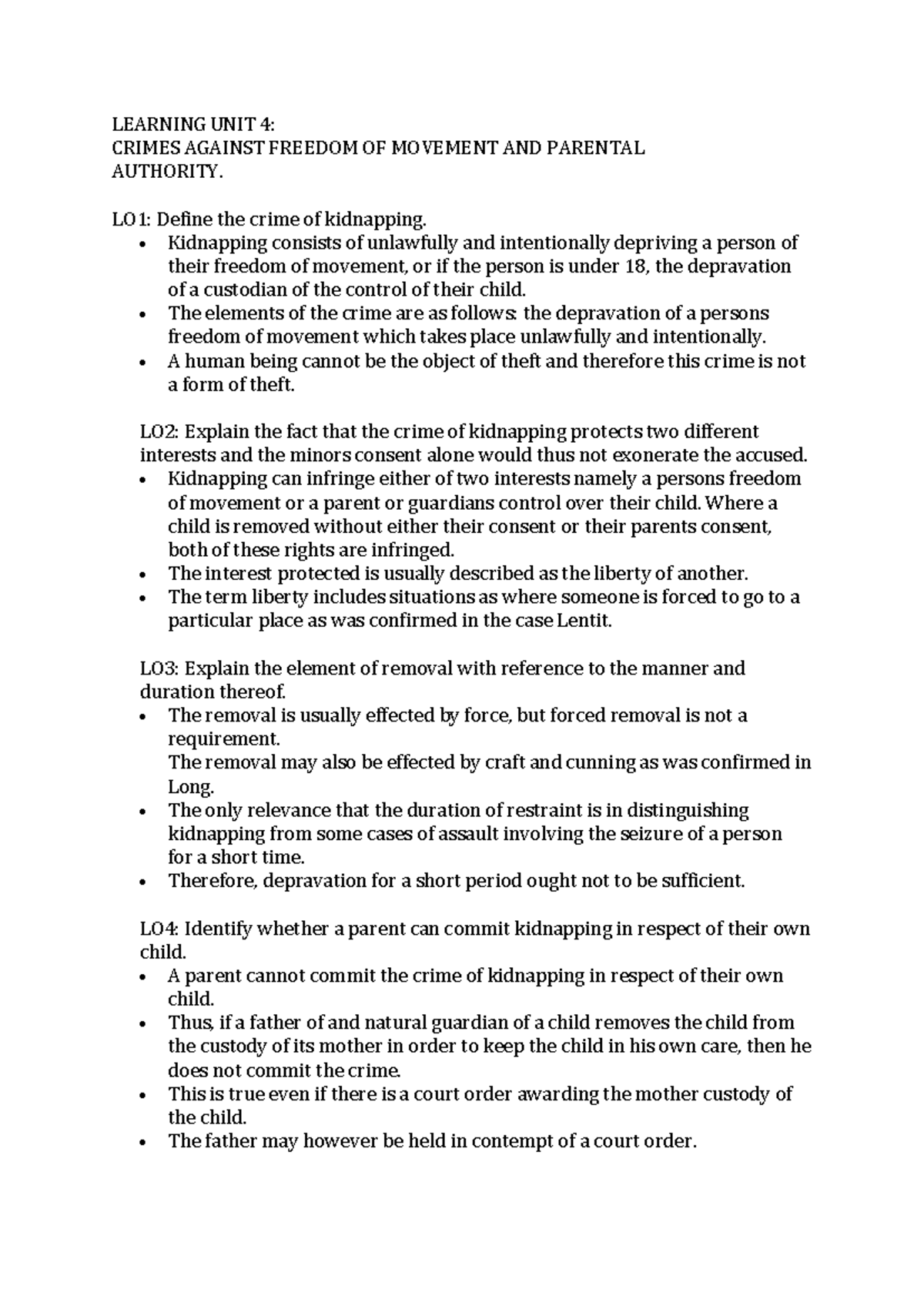 LEARNING UNIT 4: KIDNAPPING & FREEDOM OF MOVEMENT NOTES - Studocu