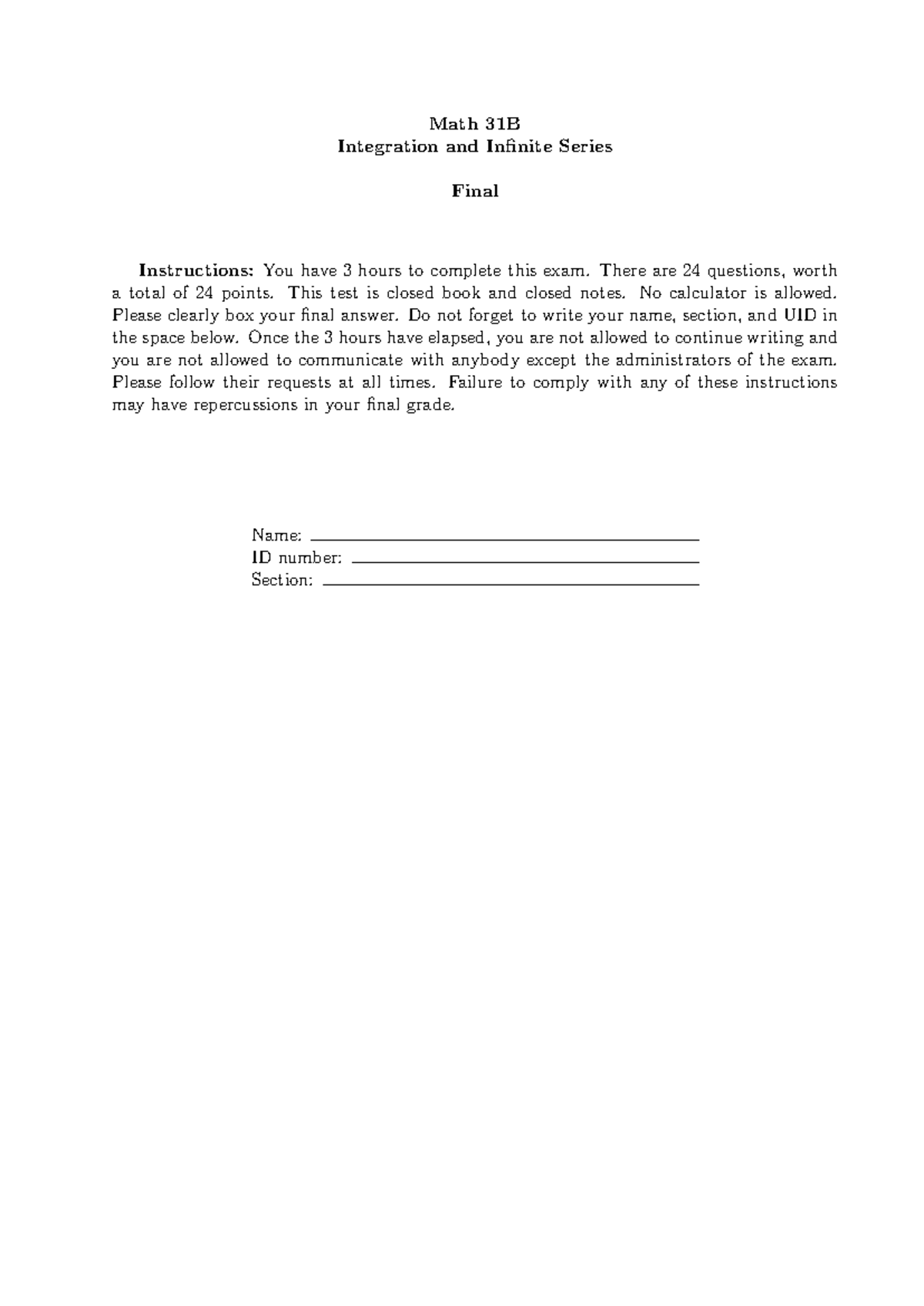 Math 31B Final Exam Solutions on Integration & Infinite Series - Studocu
