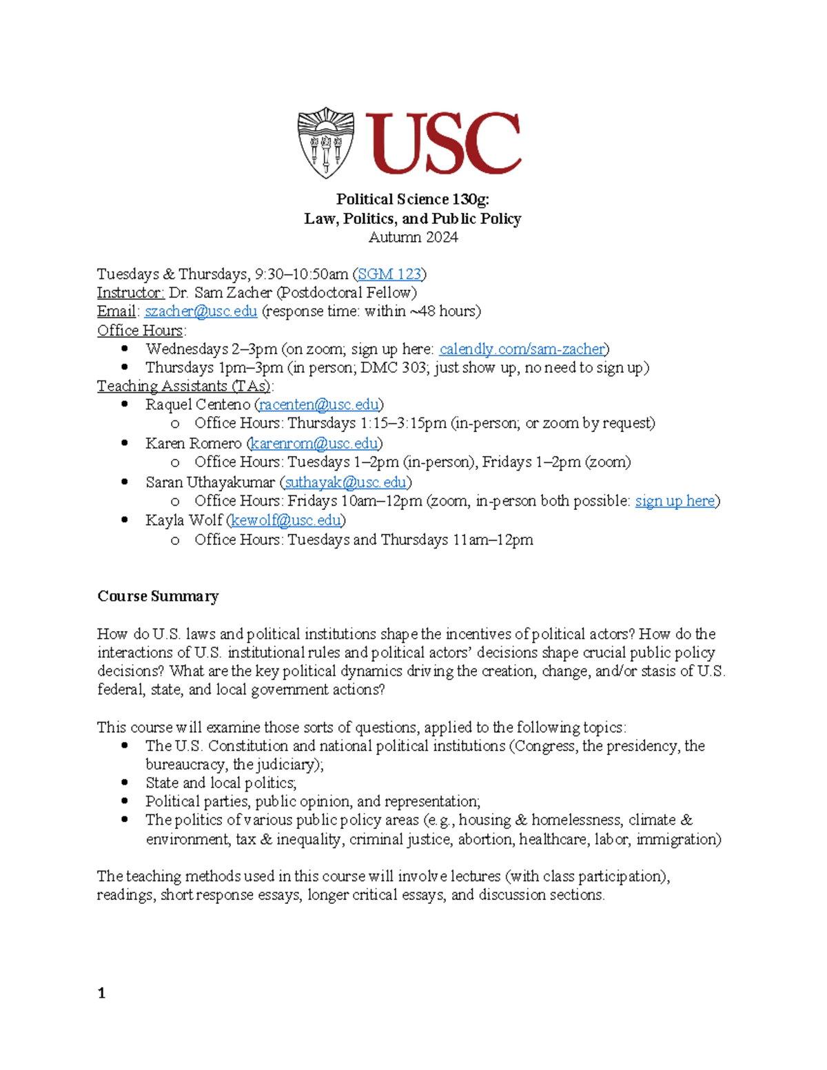 USC Political Science 130G Syllabus: Law, Politics, & Public Policy Fall 2024 - Studocu