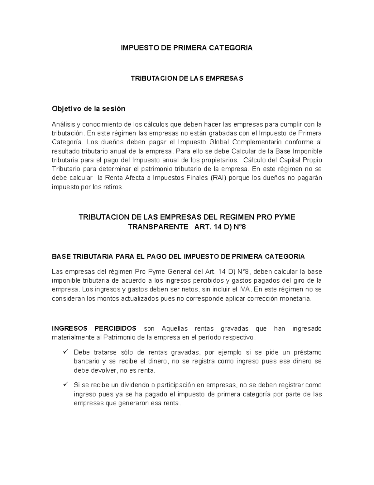 Renta 5: Tributación de Empresas - Régimen Pro Pyme Art. 14 D) - Studocu