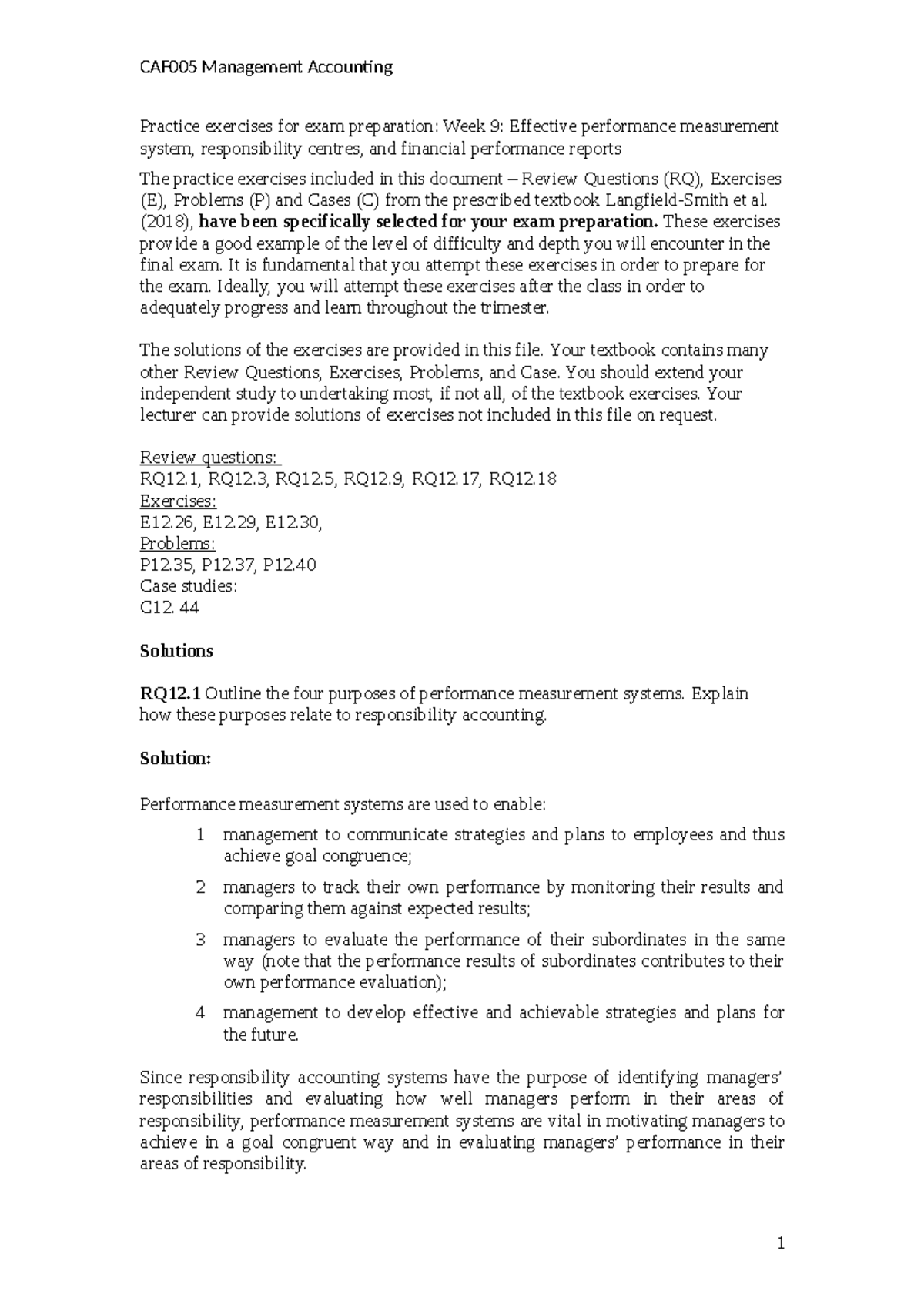 Week 9 Practice Exercises for Exam: Performance Measurement & Reporting ...