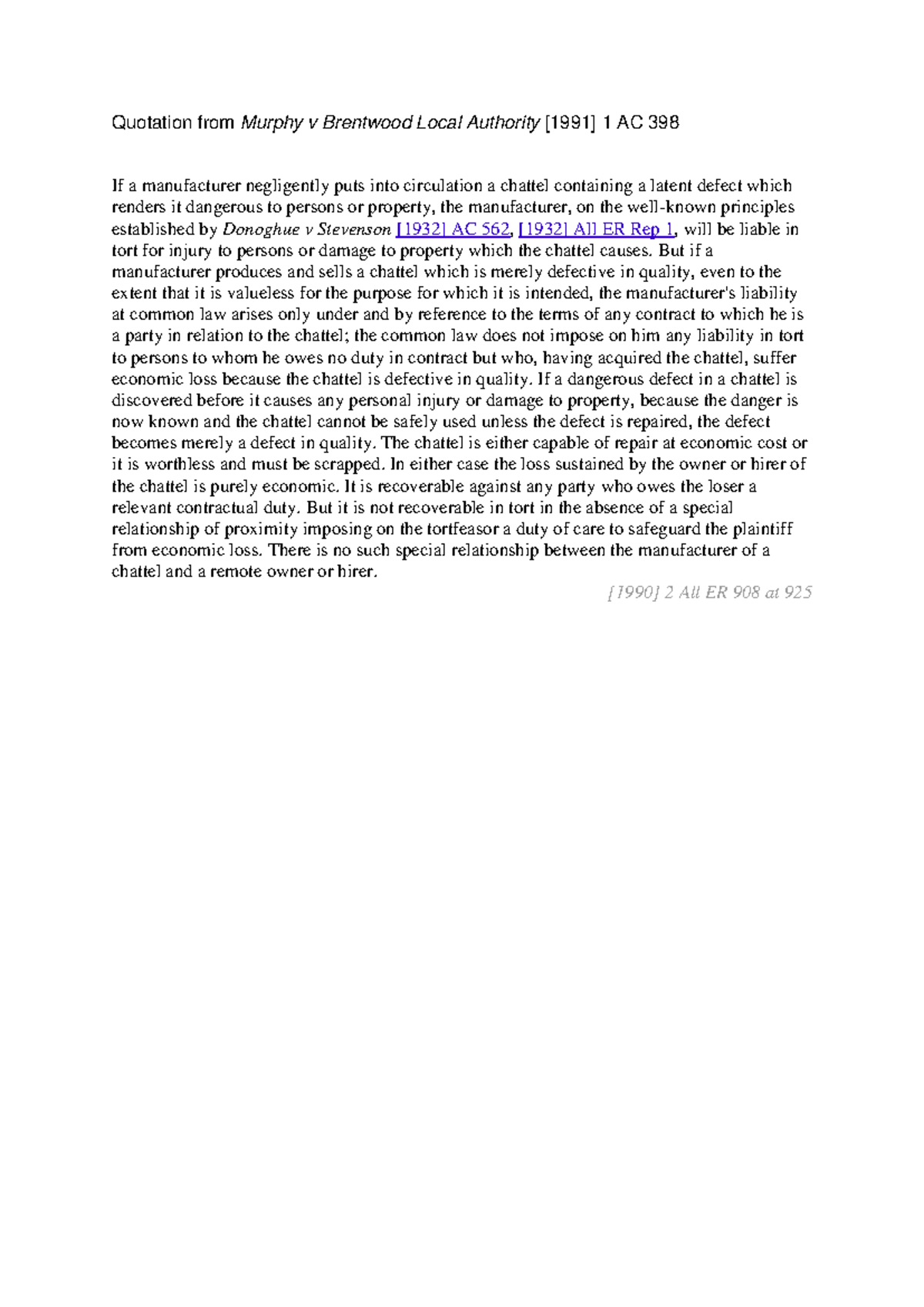 Quotation Analysis from Murphy v Brentwood Local Authority [1991] AC 398 -  Studocu