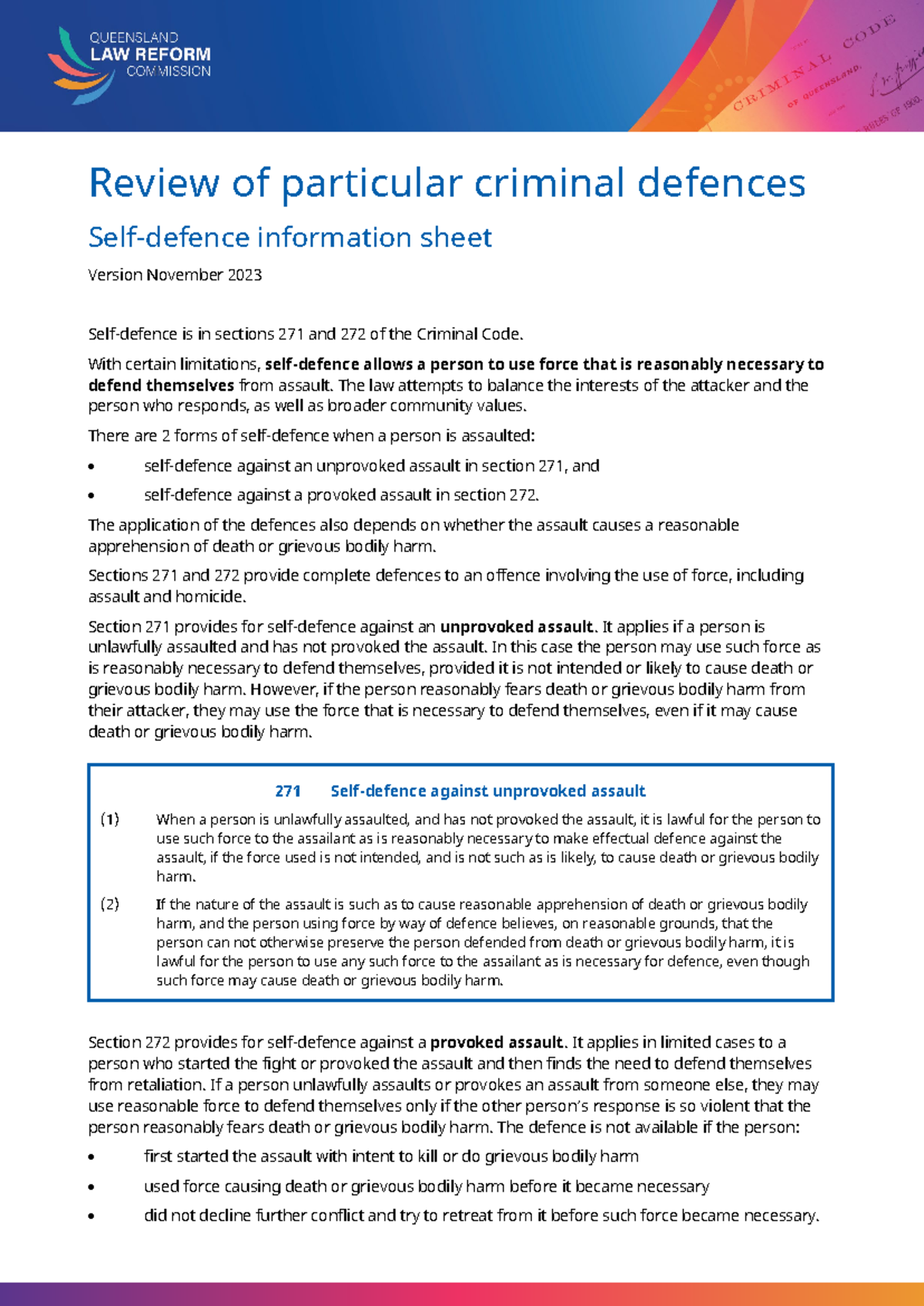 Criminal Defences: Self-Defence Overview & Guidelines (Nov 23) - Studocu