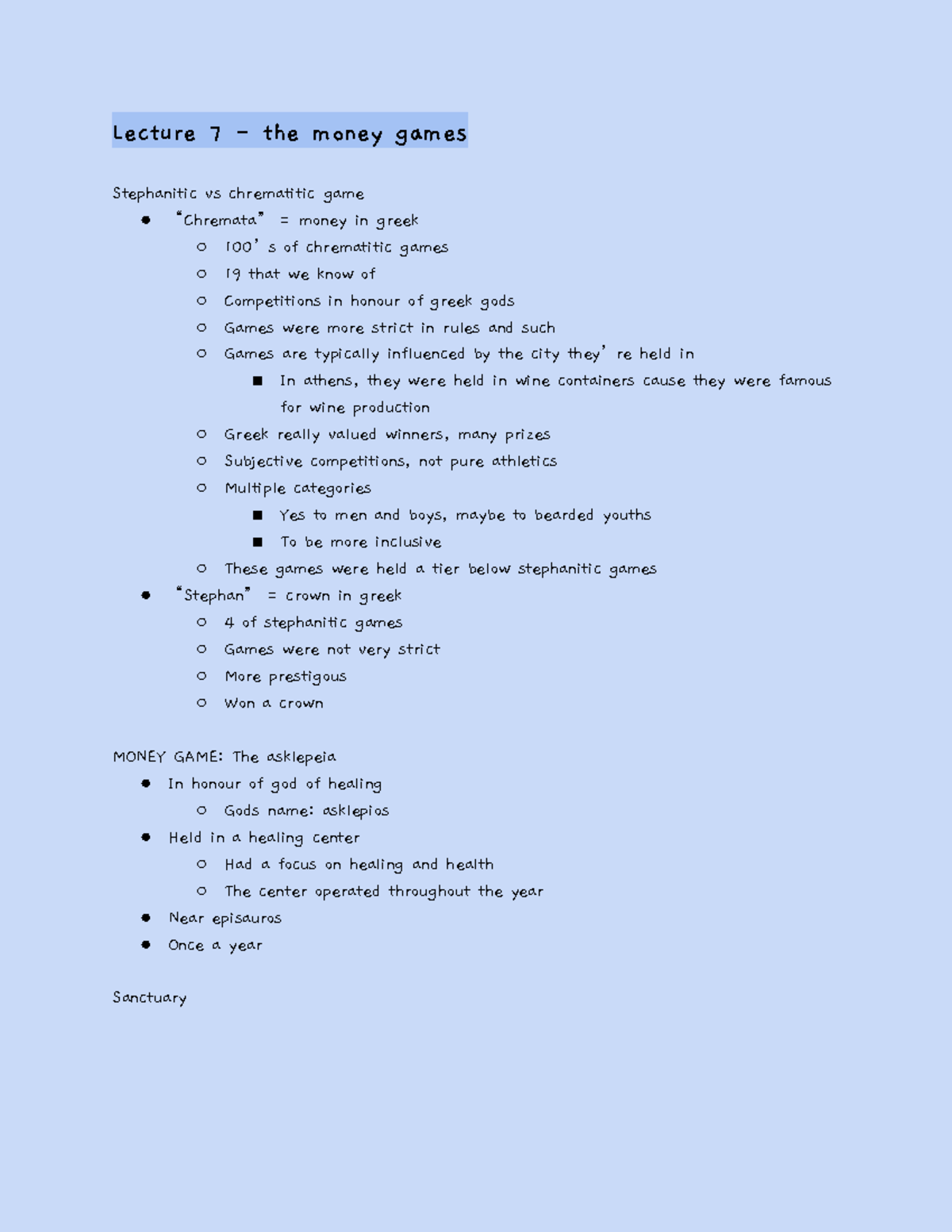 Classics 2300 - Midterm 2 Lecture Notes: Money Games & Athletics - Studocu