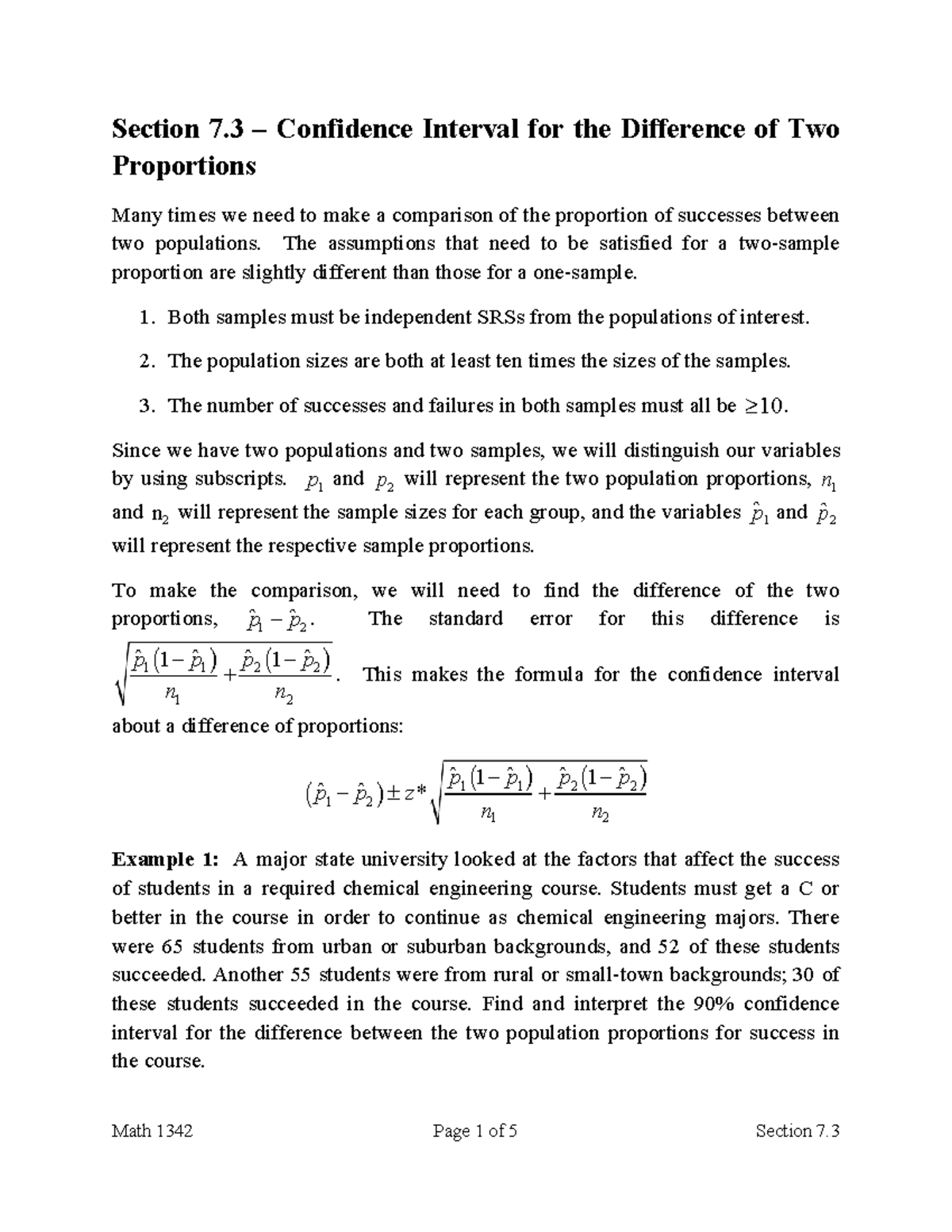 Math 342 Final Exam Notes: Confidence Intervals for Two Proportions ...