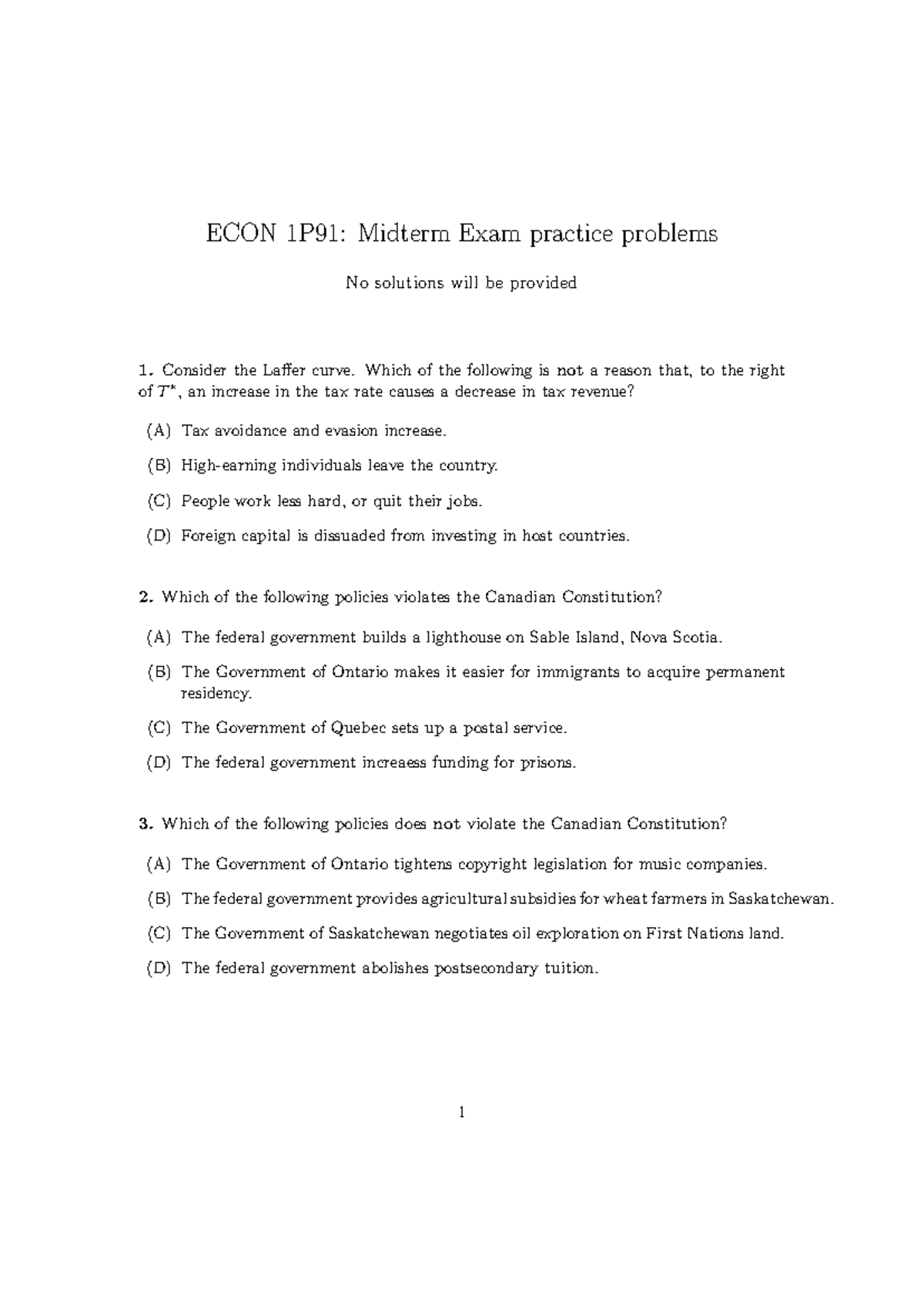 Midterm Review - ECON 1P91: Midterm Exam practice problems No solutions ...