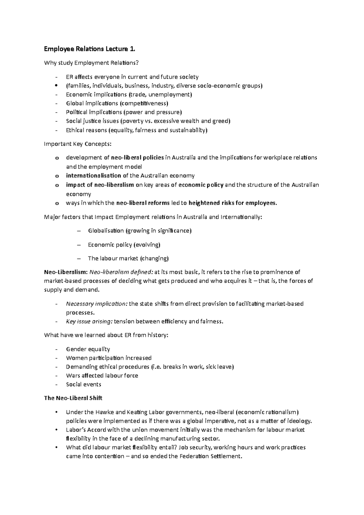 Employee Relations Revision Notes - Employee Relations Lecture 1. Why ...